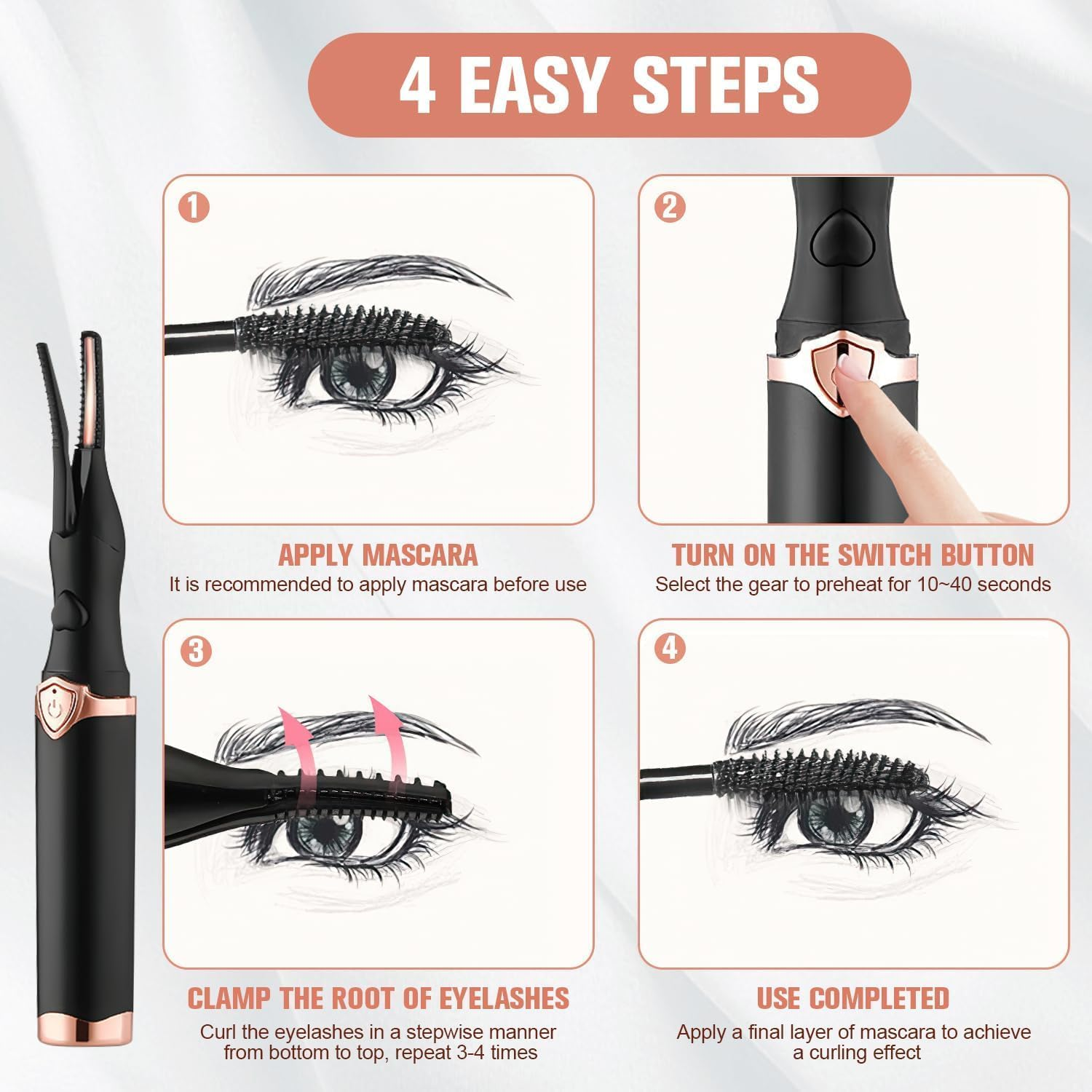 Anleitung in 4 Schritten zur Verwendung eines elektrischen Wimpern-Erhitzers mit Mascara.
