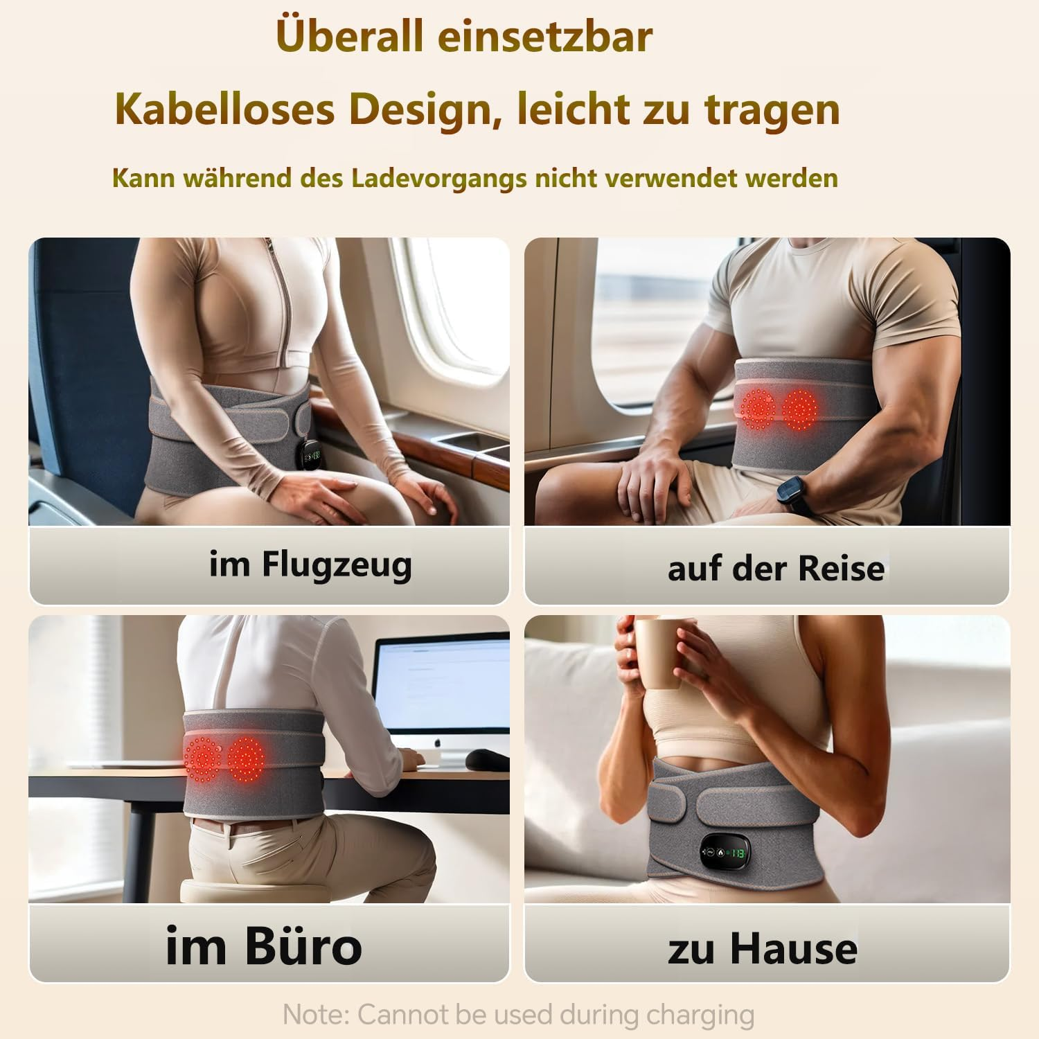 Vier Bilder zeigen die Nutzung eines grauen MassagegüTels in Flugzeug, Zug, Büro und zu Hause.