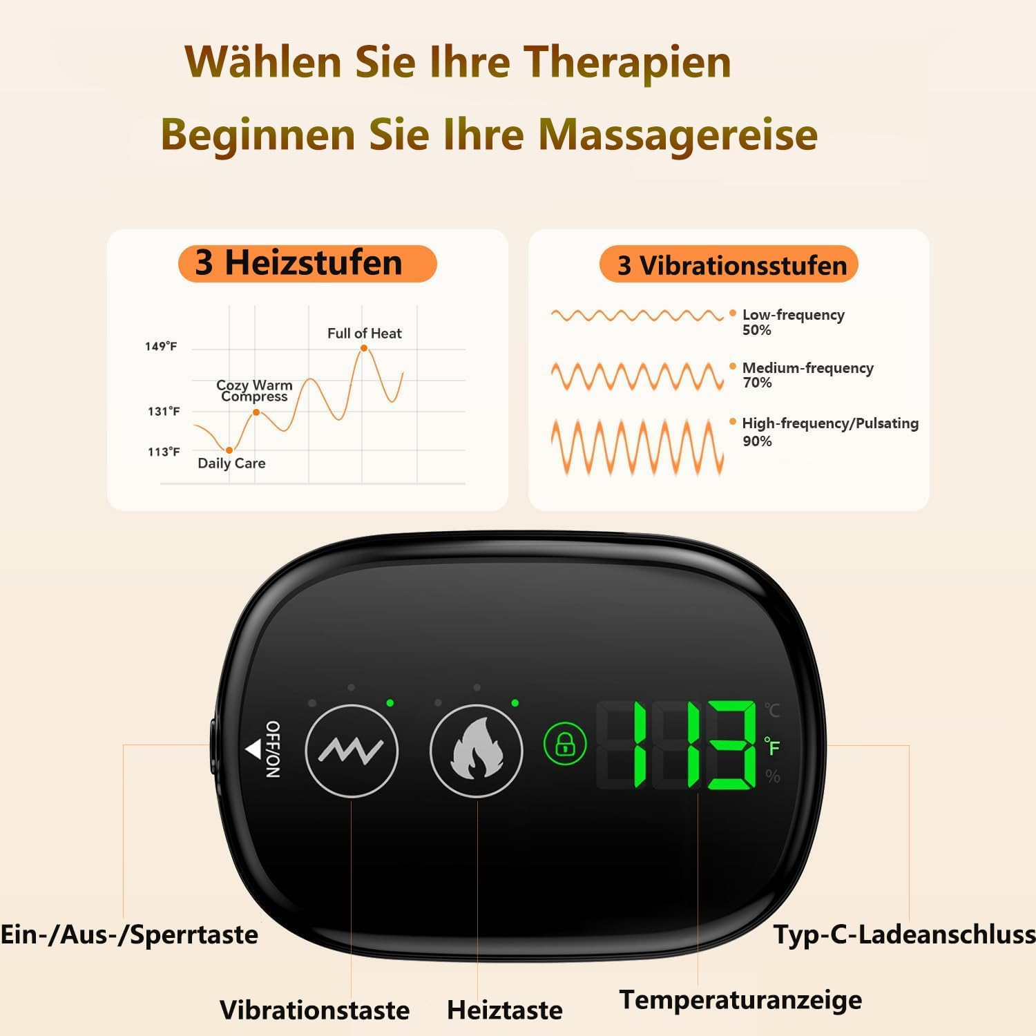 Bedienfeld mit Tasten für Vibration und Heizung sowie digitaler Temperaturanzeige.