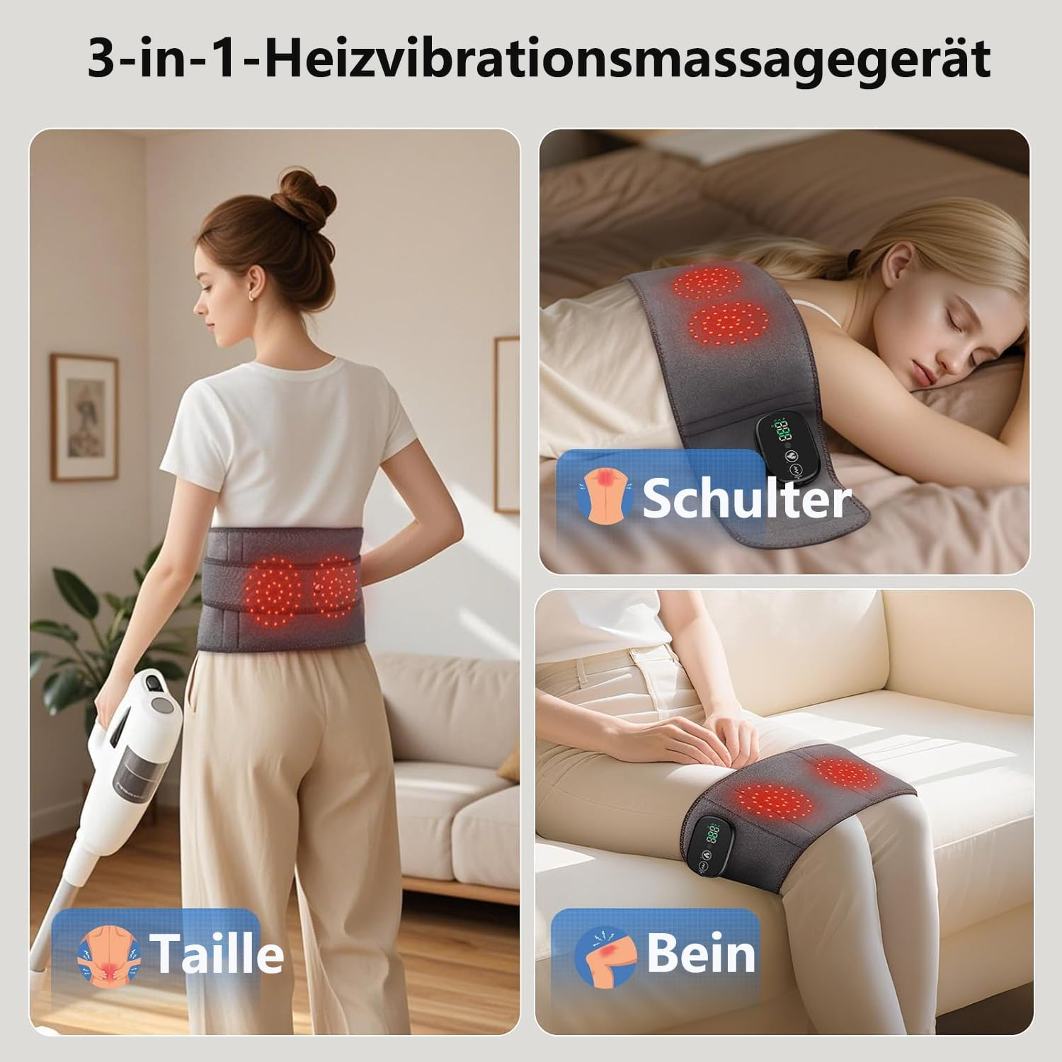 Ein 3-in-1 Heizvibrationsmassagegerät, das an Taille, Schulter und Bein verwendet wird.