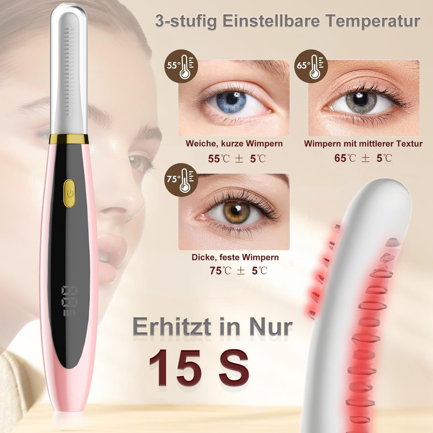 Ein pink-schwarzer beheizter Wimpernzange mit drei Temperatureinstellungen und Erhitzung in 15 Sekunden.
