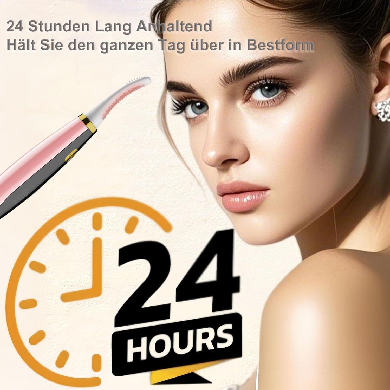 Eine Frau posiert neben einer pinken Wimpernzange und einem 24-Stunden-Symbol.
