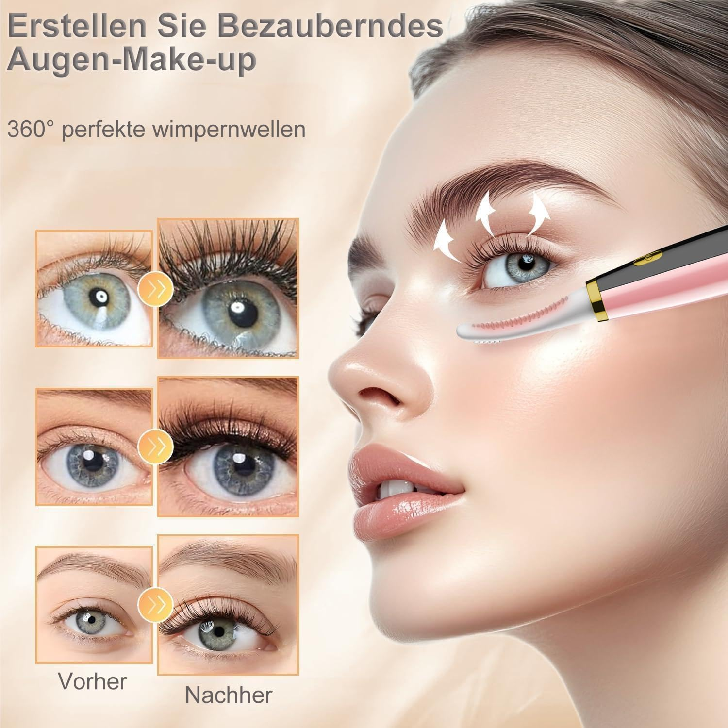 Frau verwendet eine beheizte Wimpernzange. Vorher-Nachher-Vergleich zeigt geschwungene Wimpern.