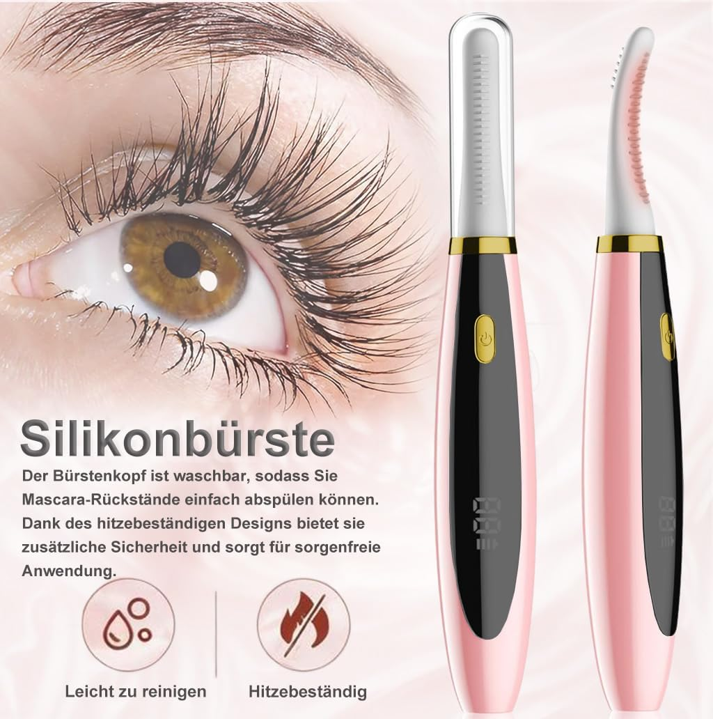 Heizbare Wimpernzange in Rosa und Schwarz mit Silikonbürste, dazu Text und ein Auge mit langen Wimpern.
