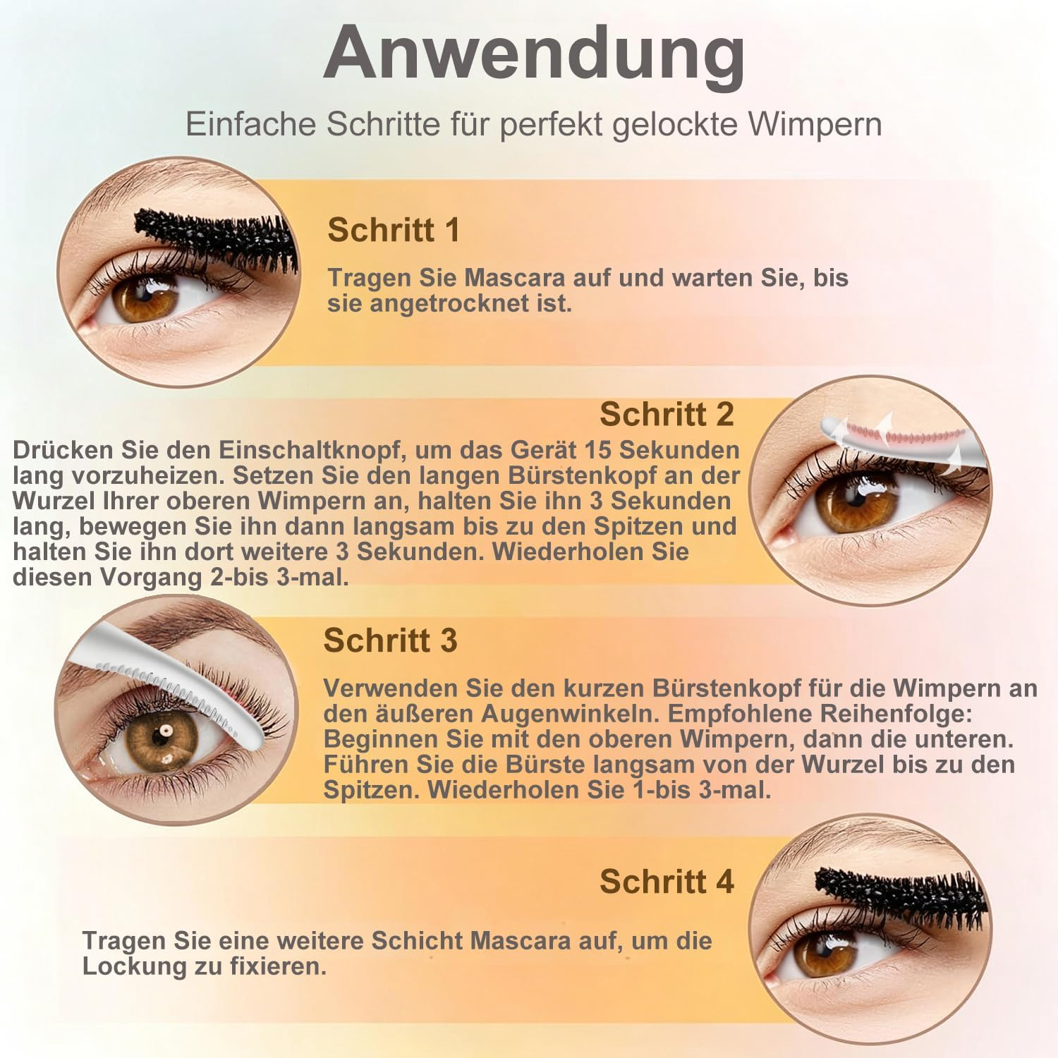 Anleitung in vier Schritten zum Auftragen von Mascara und Verwenden einer Wimpernzange.