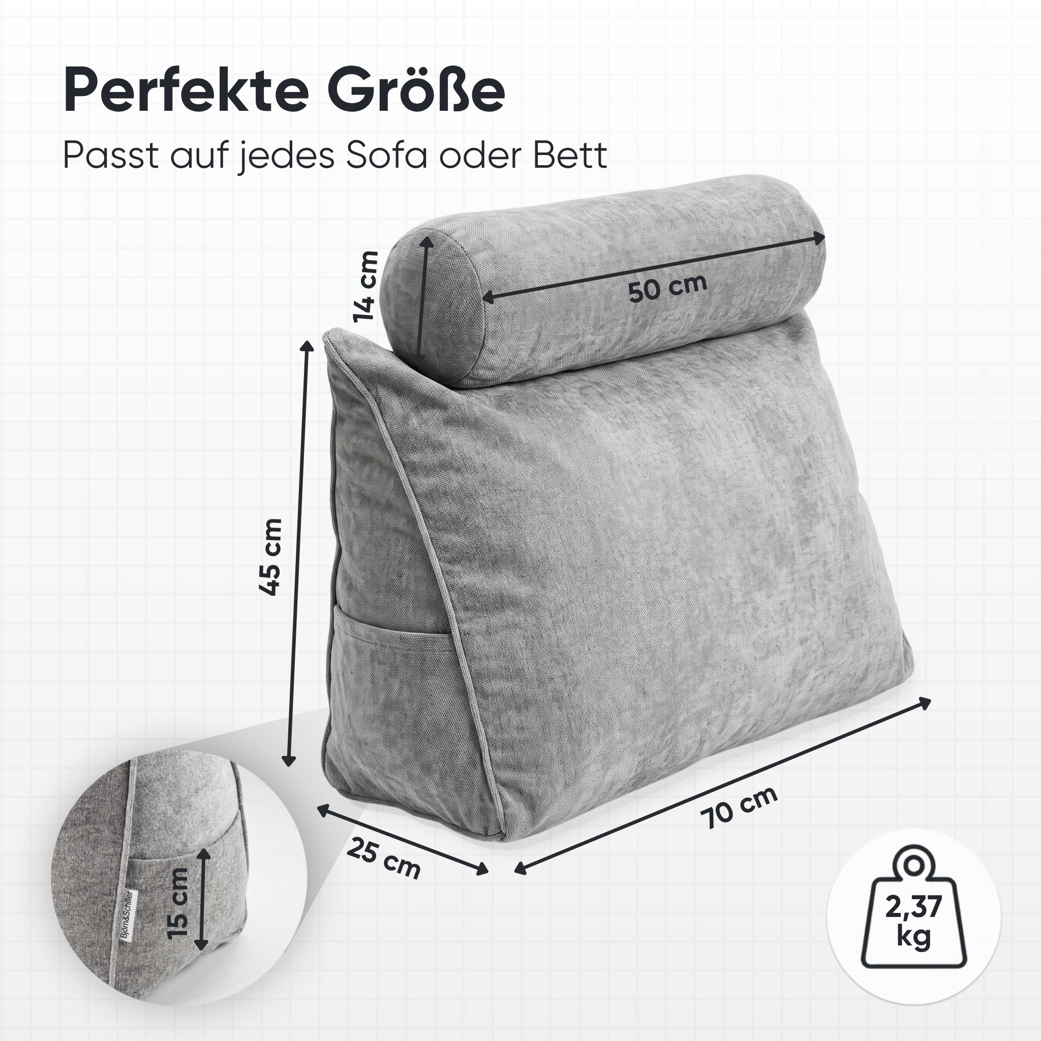 Graues Keilkissen mit Nackenrolle und Maßen: 70x25x45 cm, 50x14 cm Rolle, Seitenfach, Gewicht 2,37 kg.