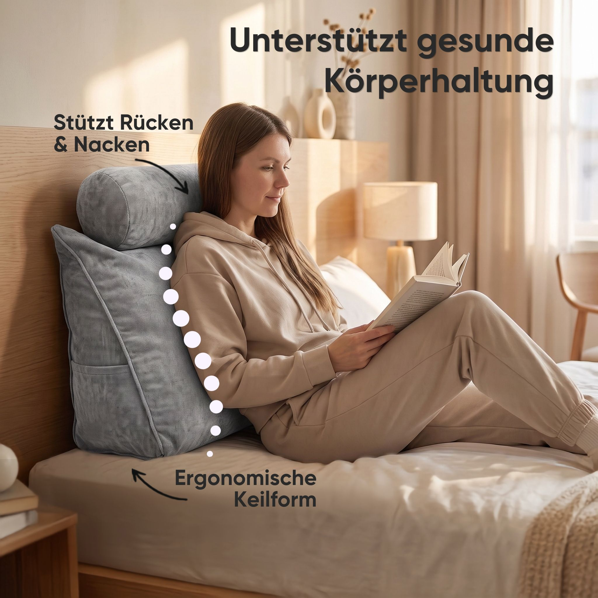 Frau sitzt im Bett gegen ein Keilkissen gelehnt und liest ein Buch.