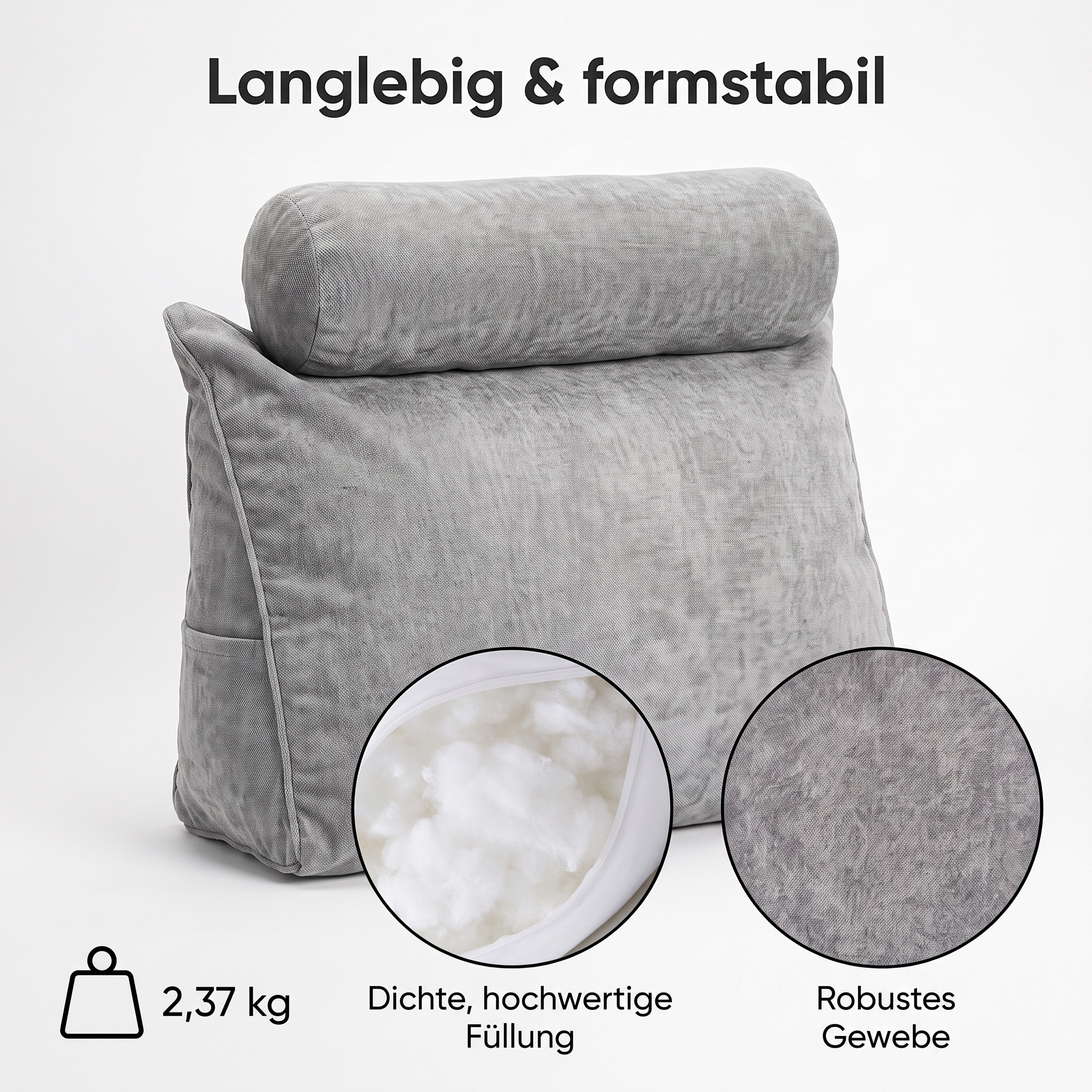 Ein graues Keilkissen mit Nackenrolle und Einblicken in die Füllung und den Stoff.