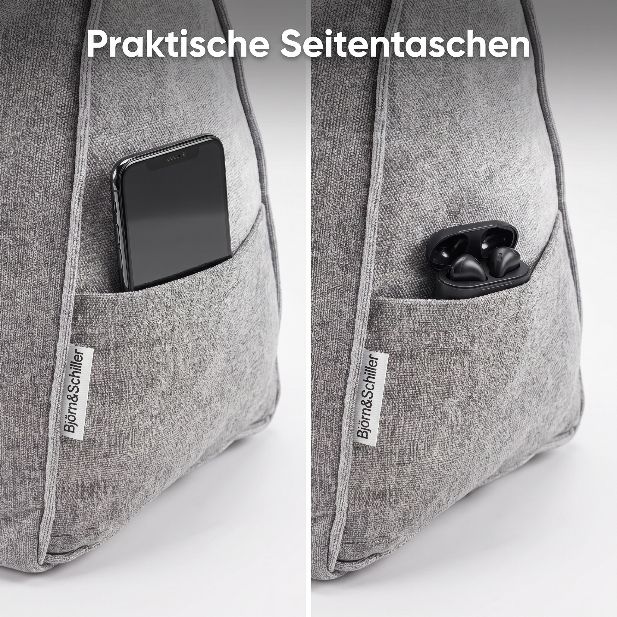 Grauer Rucksack mit praktischen Seitentaschen, links mit Smartphone und rechts mit kabellosen Kopfhörern gefüllt.