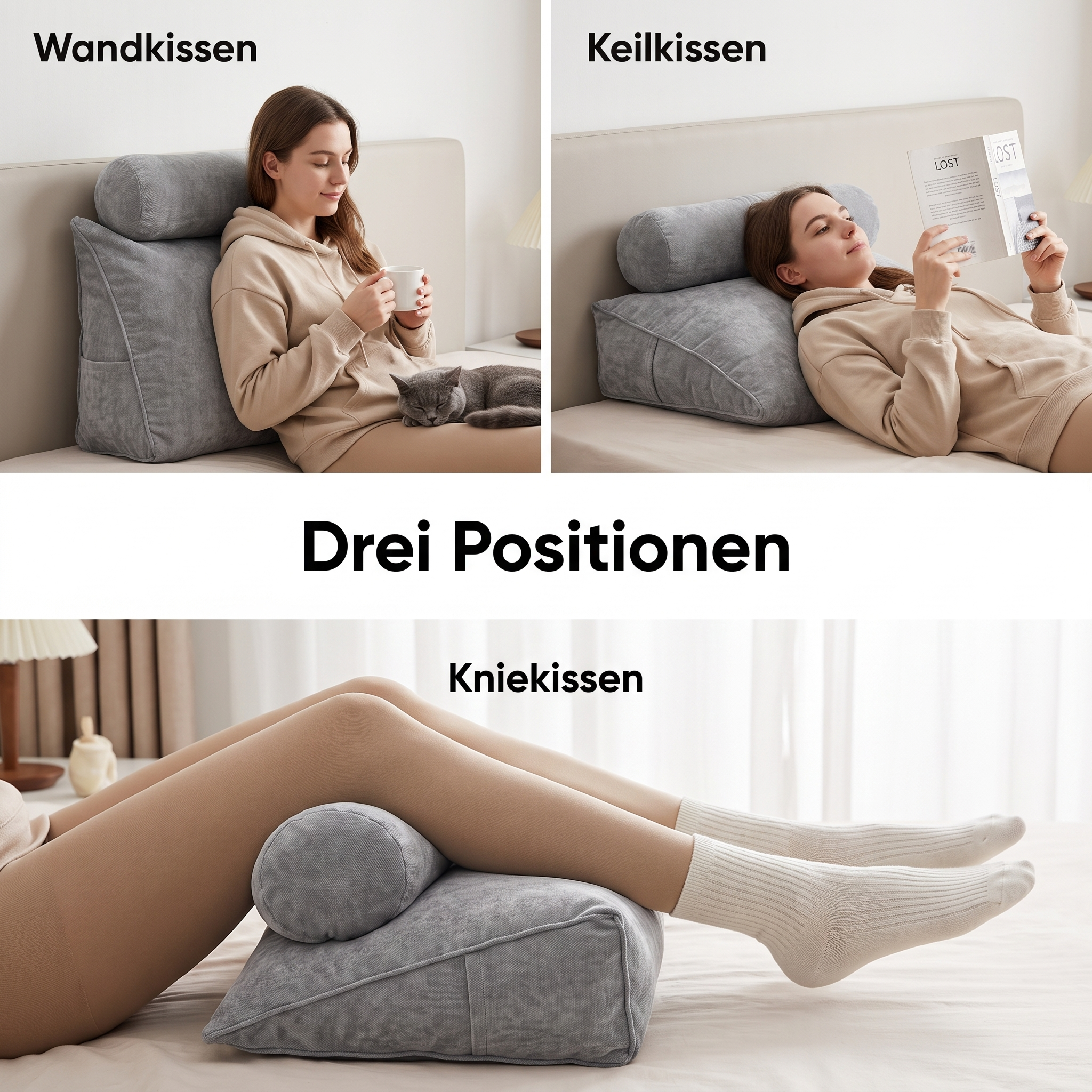 Ein Bild zeigt drei Verwendungen für ein Keilkissen im Bett: als Wandkissen, Keilkissen und Kniekissen.
