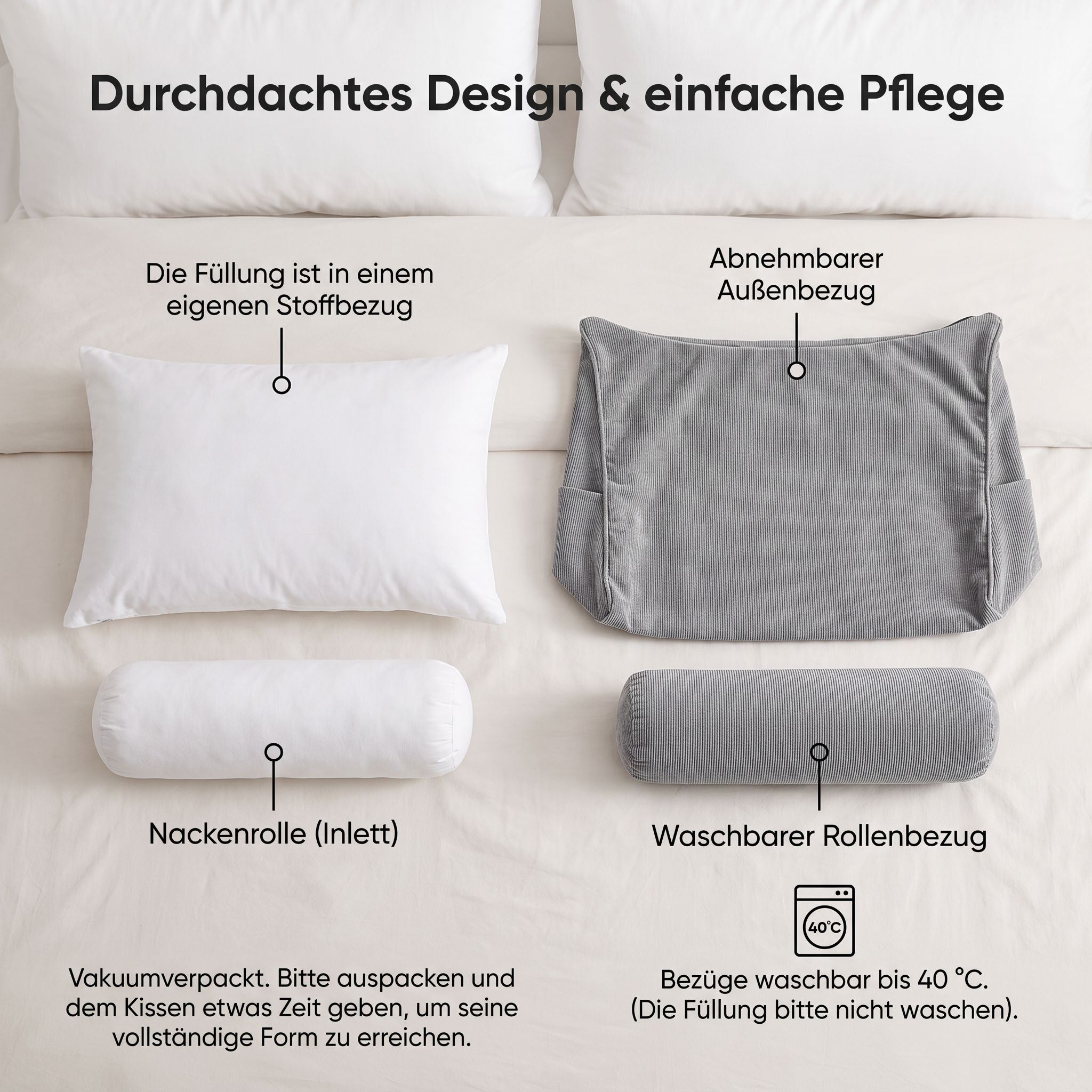 Explorationsgrafik eines Kissens mit abnehmbarem grauem Bezug und weißem Inlett auf hellem Bett.