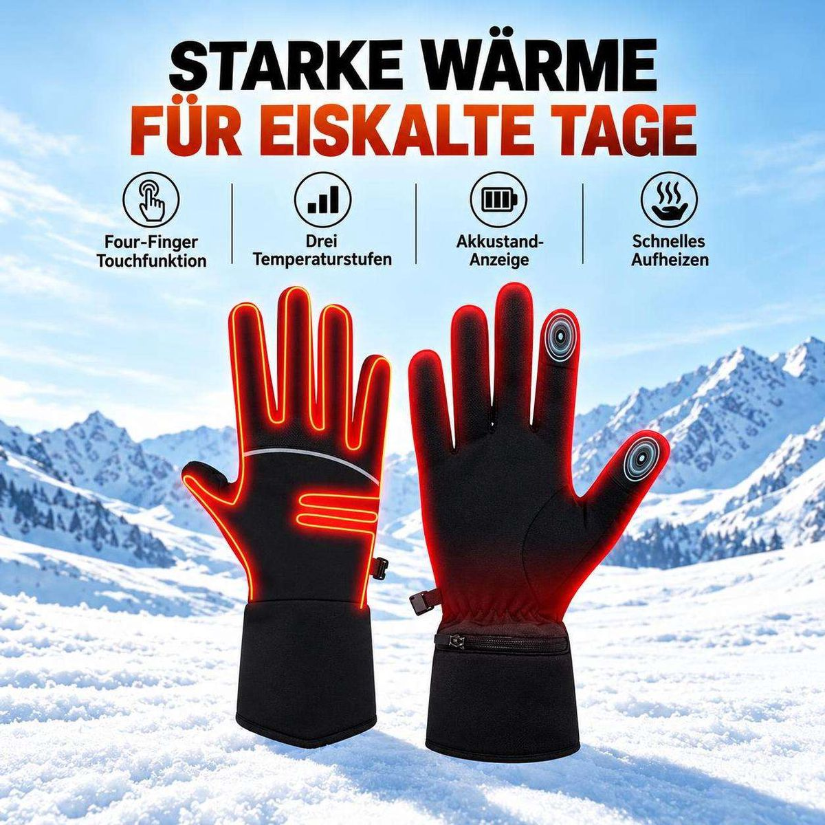 Beheizbare schwarze Winterhandschuhe in verschneiter Berglandschaft mit Icons.