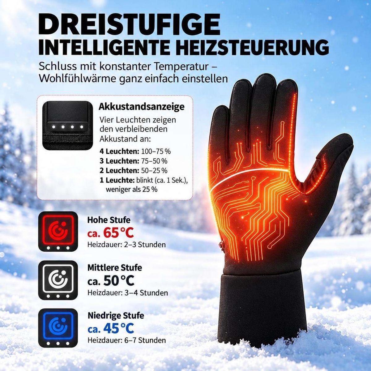 Beheizter schwarzer Handschuh im Schnee mit Temperaturstufen und Akkuanzeige.