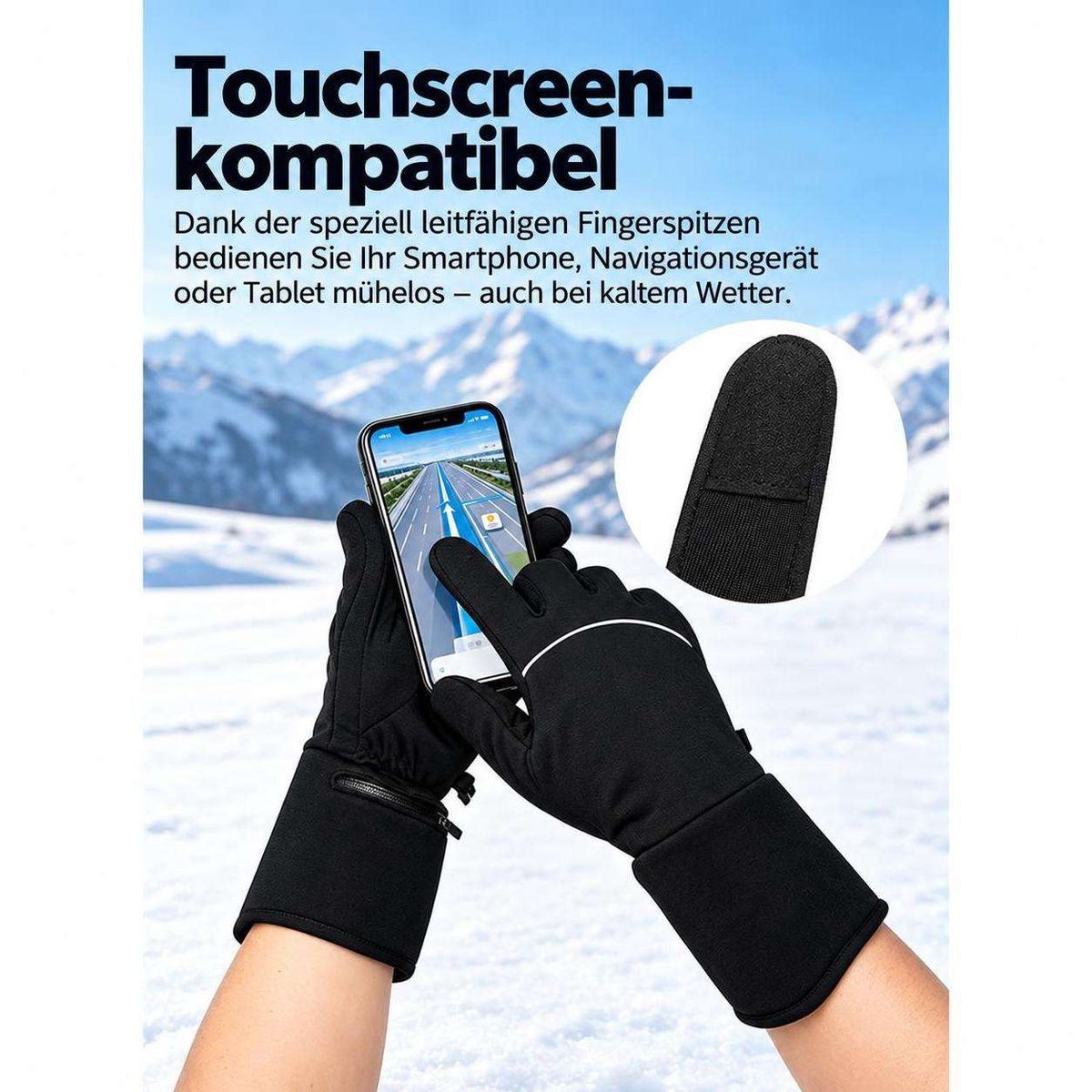 Schwarze Handschuhe bedienen ein Smartphone vor einer verschneiten Bergkulisse.