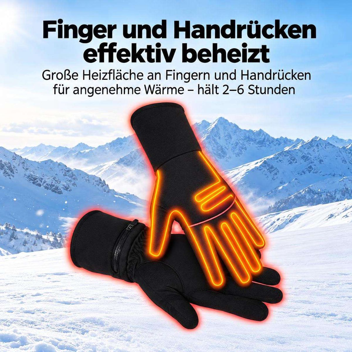 Schwarze beheizte Handschuhe mit orangen Wärmelinien vor verschneitem Bergpanorama.