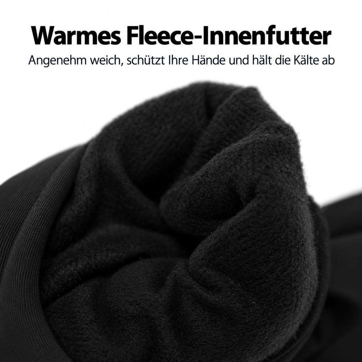 Nahaufnahme eines weichen, warmen schwarzen Fleece-Innenfutters mit Text.