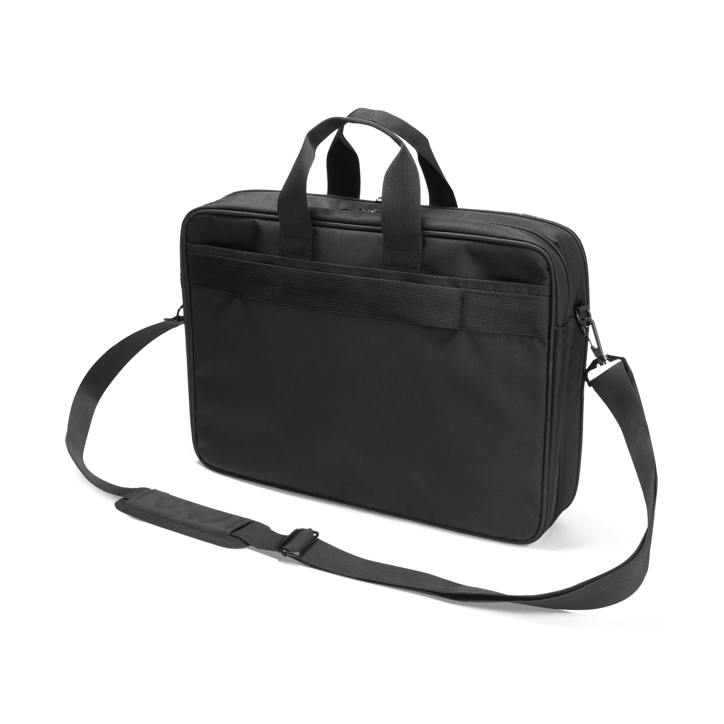 Schwarze Laptoptasche mit Handgriffen und abnehmbarem Schultergurt auf weißem Hintergrund.