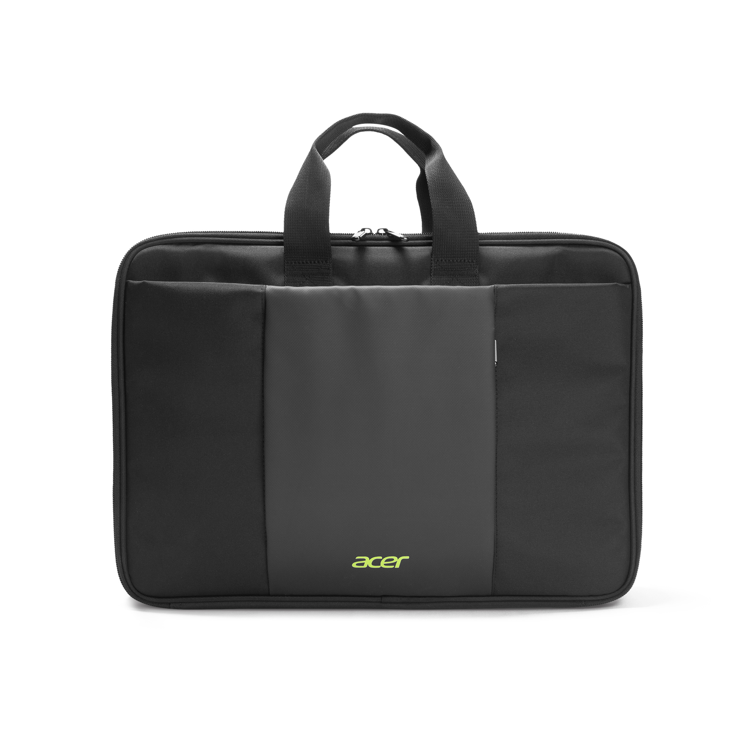 Eine schwarze Acer Laptoptasche mit Tragegriffen und Fronttasche vor weißem Hintergrund.