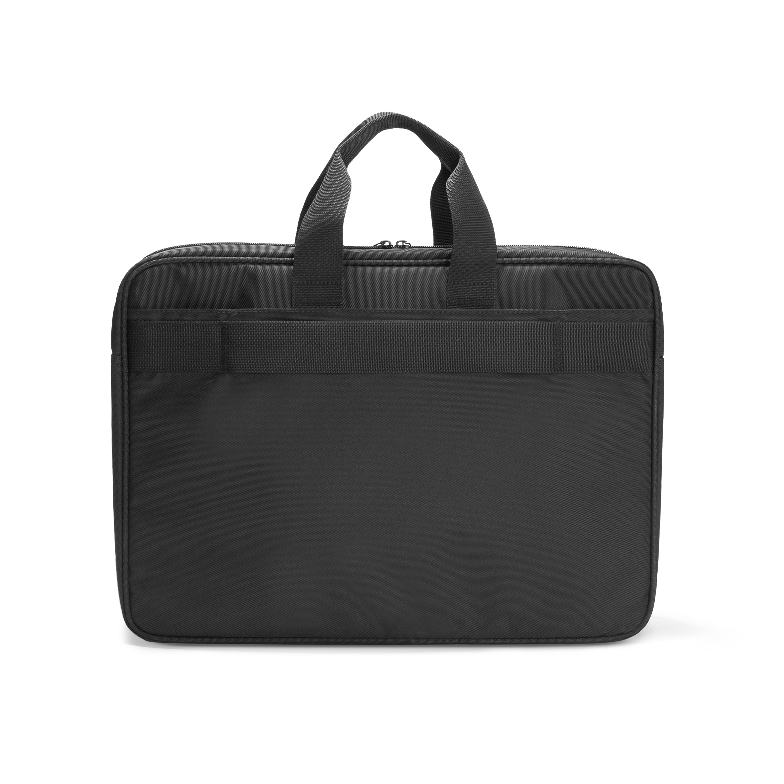 Eine schwarze Laptoptasche mit Handgriffen vor einem weißen Hintergrund.