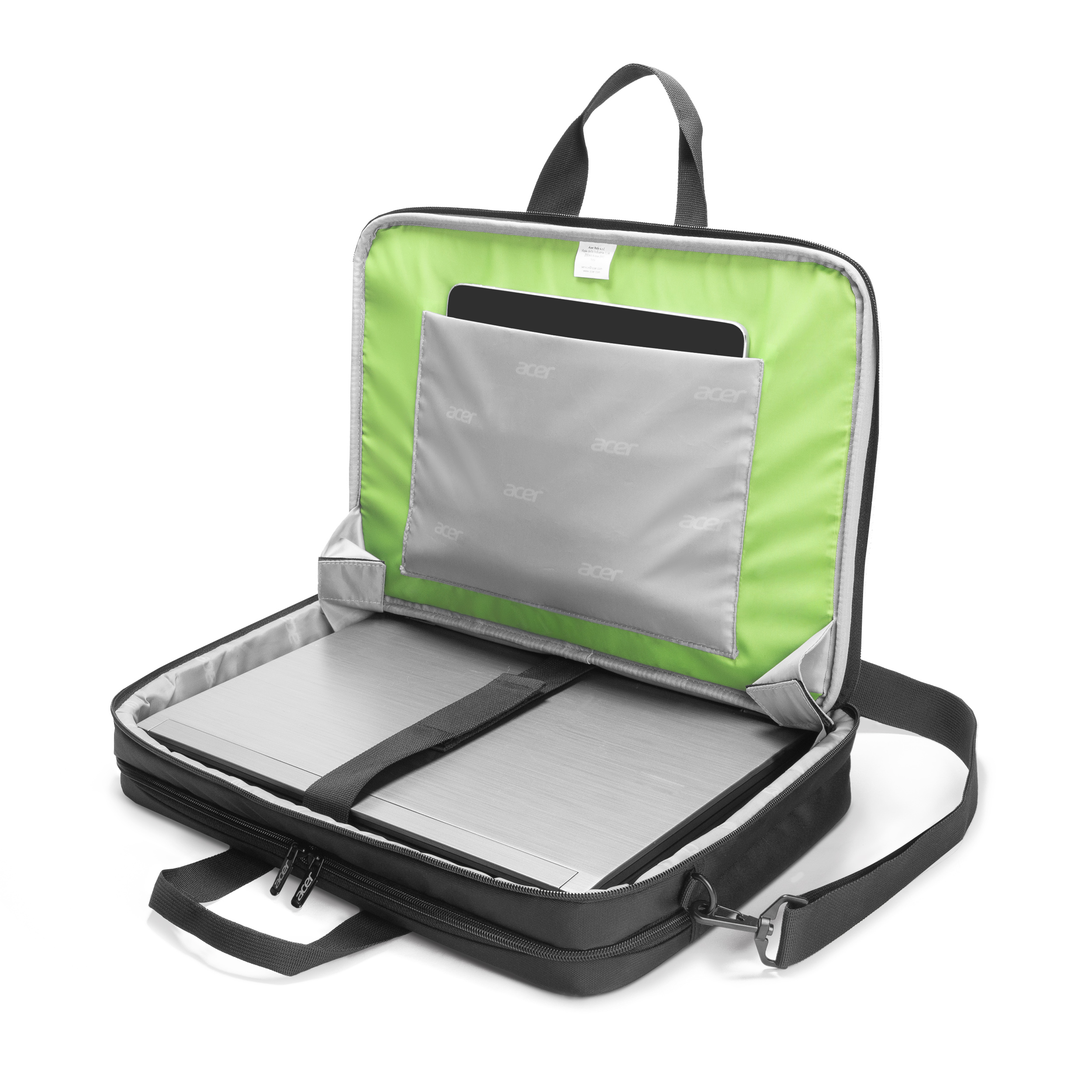 Eine offene schwarze Laptoptasche mit leuchtend grünem Innenfutter, die einen Laptop und ein Tablet enthält.