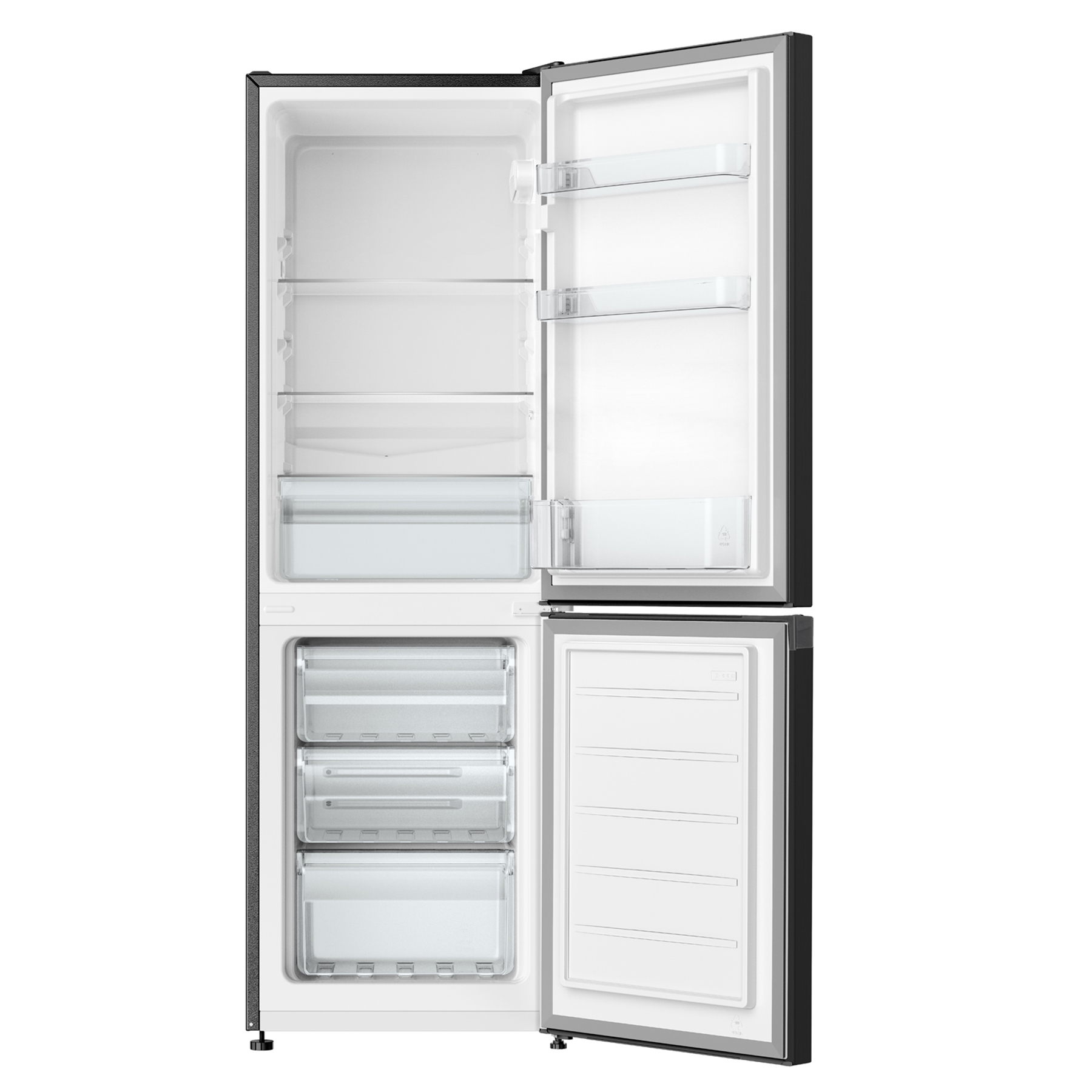 An open black refrigerator showing empty glass shelves and drawers inside.