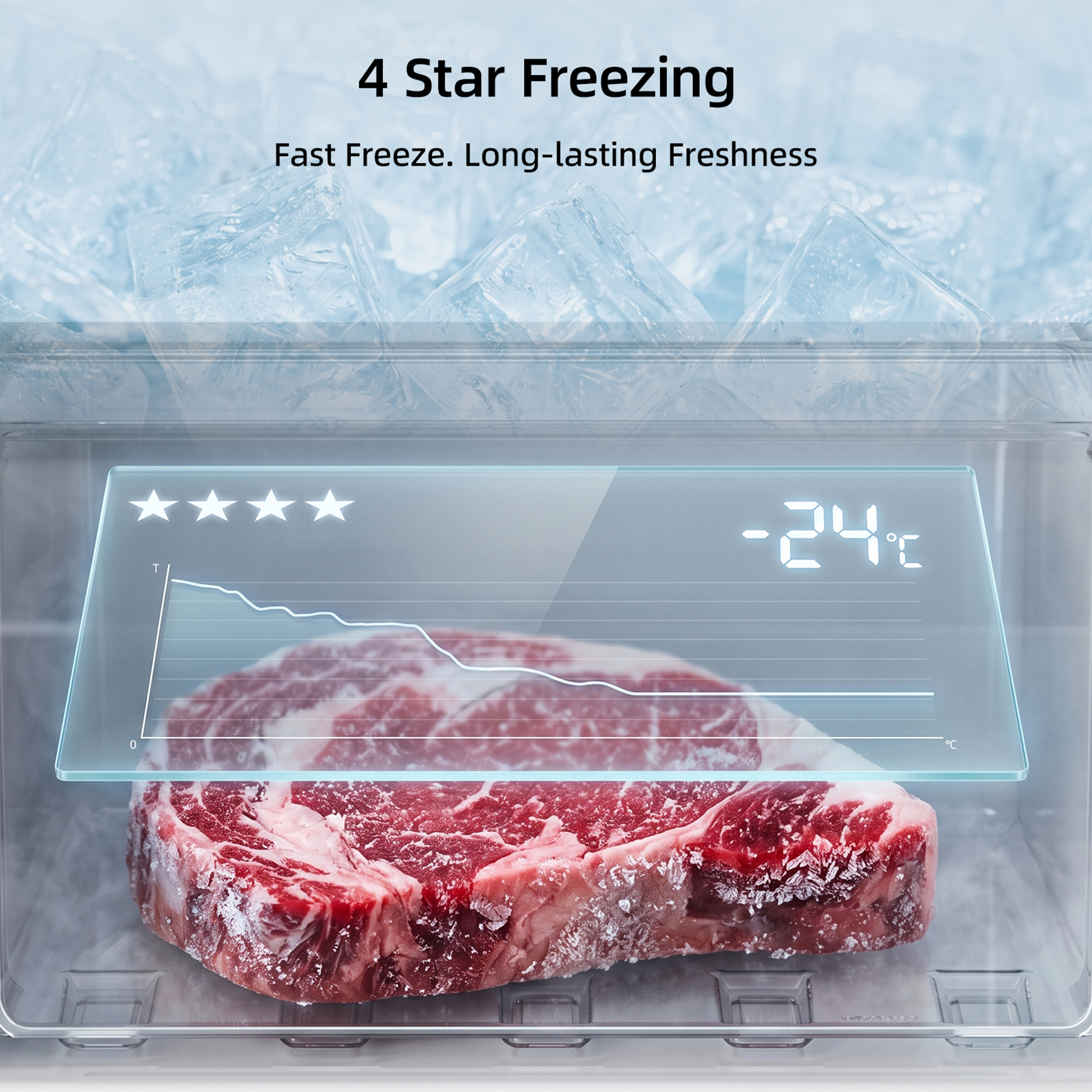 A raw steak in a freezer drawer at -24°C with four star rating.