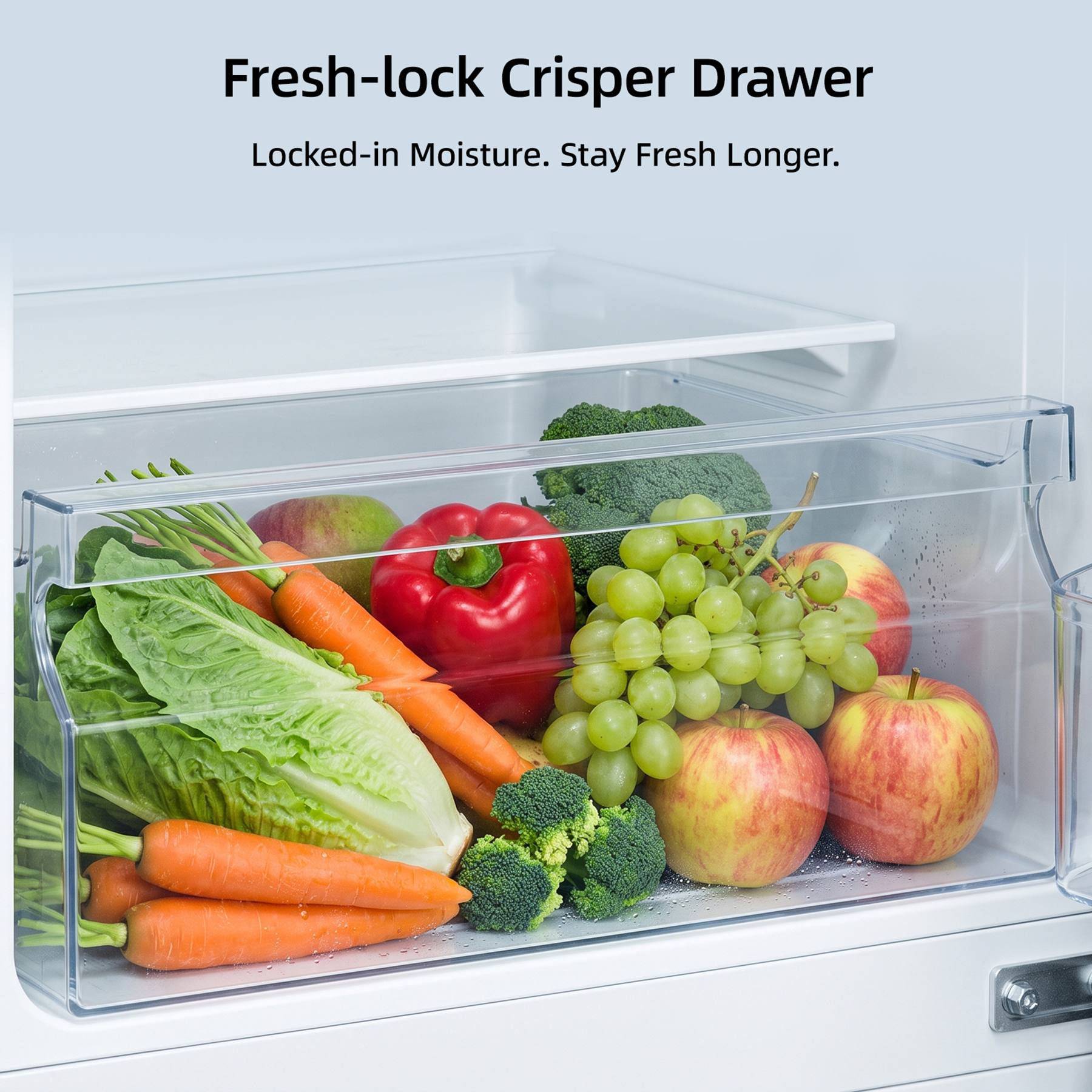 A clear refrigerator crisper drawer is filled with fresh vegetables and fruits like carrots, lettuce, apples, and grapes.