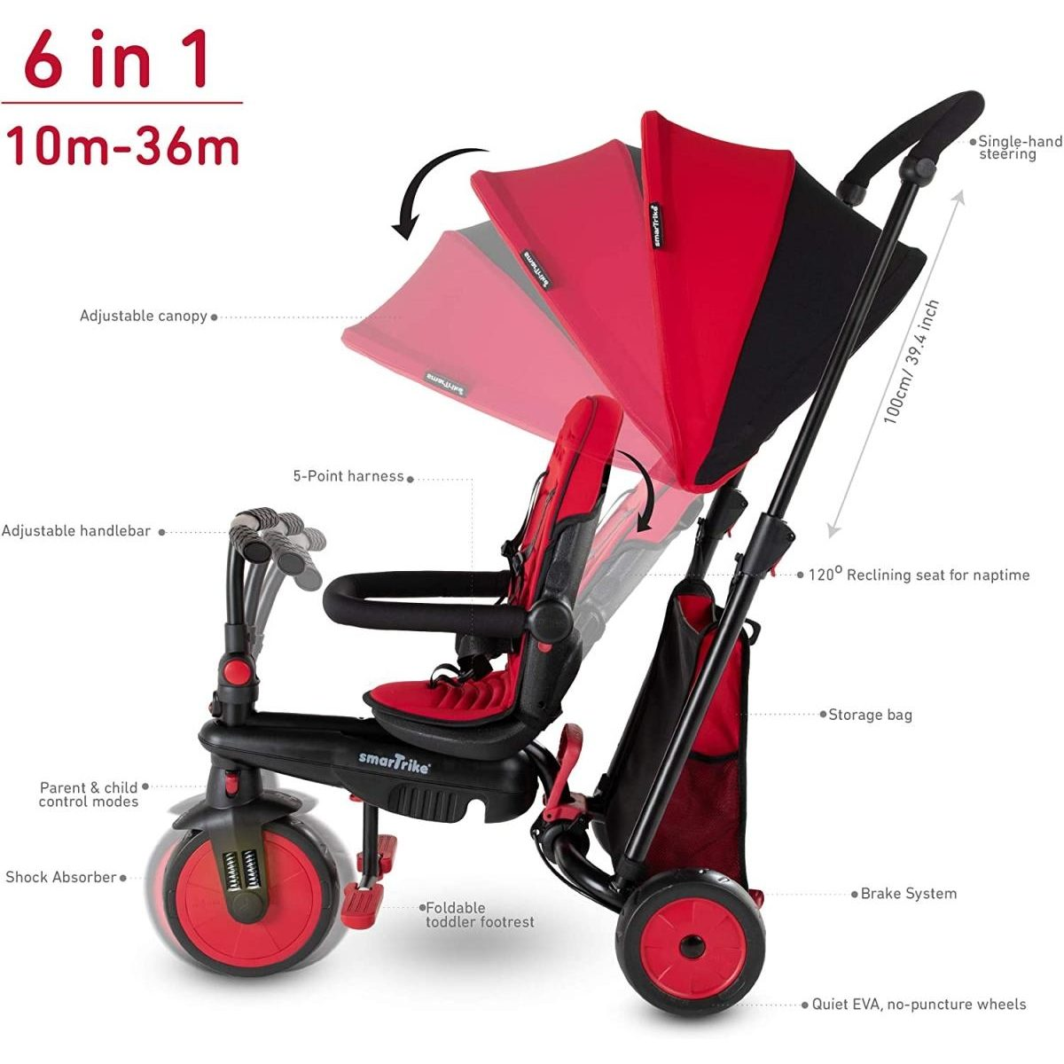 Rot-schwarzer 6-in-1 Kinderwagen mit verstellbarem Verdeck,wachsendem Sitz und Zubehör wie Stauraum und Bremse.