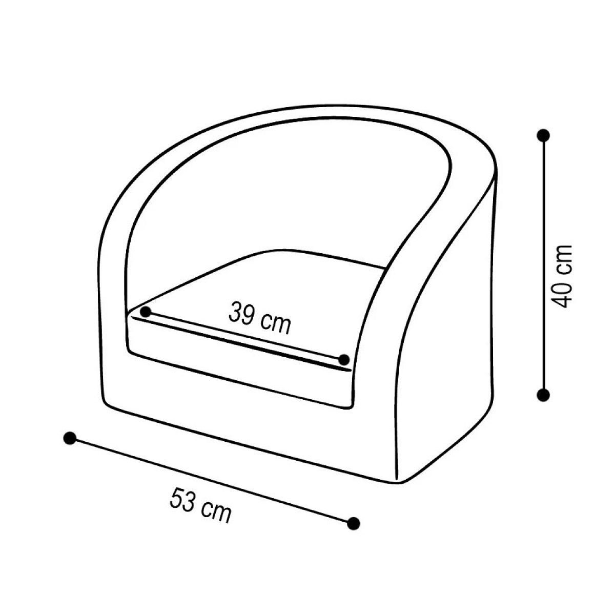 Strichzeichnung eines Sessels mit Maßangaben: 40 cm Höhe, 39 cm Sitzbreite und 53 cm Gesamtbreite.