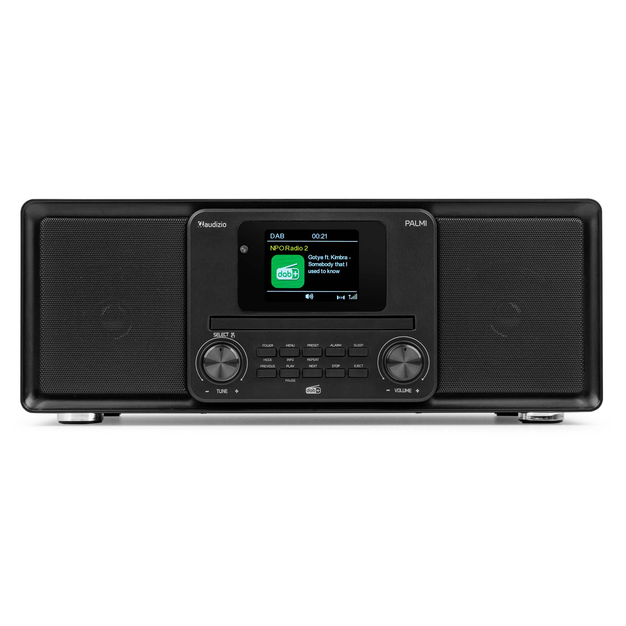 Ein schwarzes Audizio Palmi DAB+ Radio mit zwei Lautsprechern, zentralem Display und Bedienknöpfen.