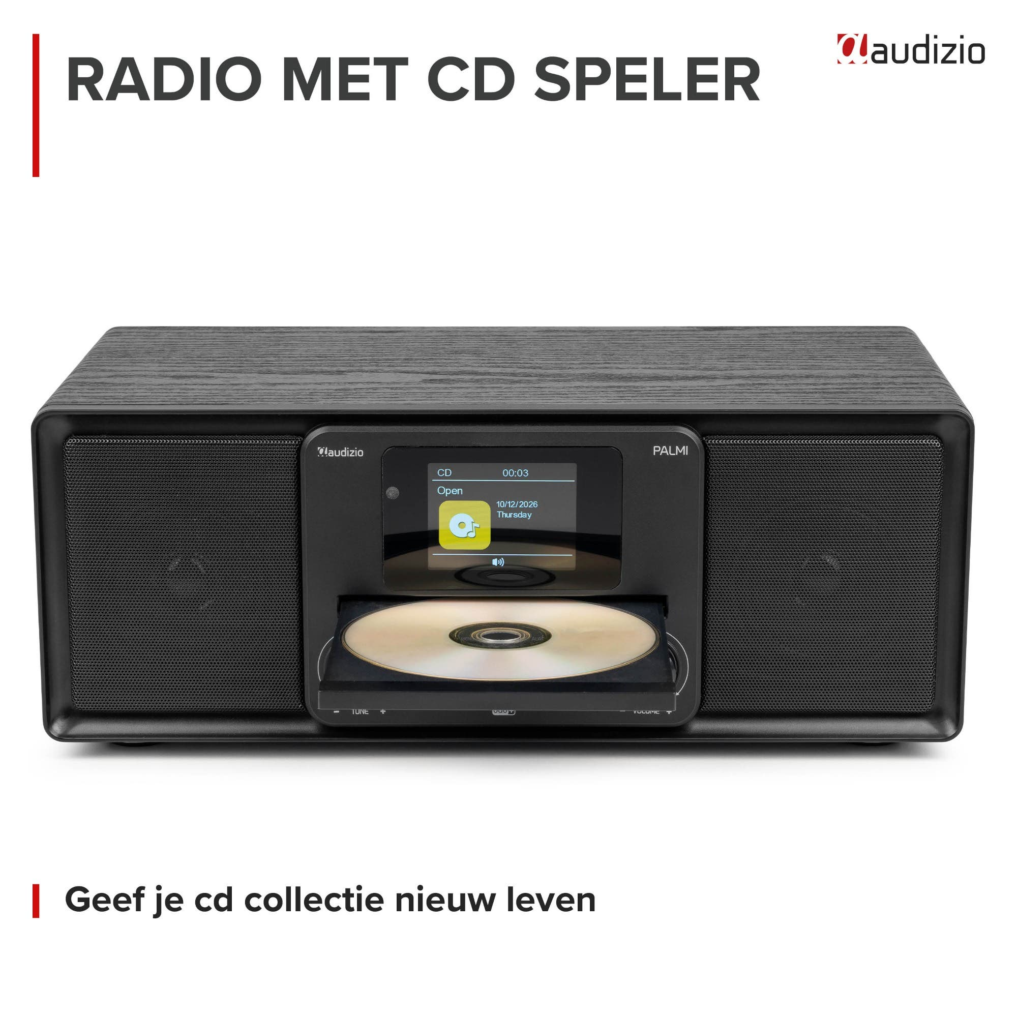 Schwarzes Audizio Palmi Radio mit CD-Spieler und offenem CD-Fach auf weißem Hintergrund.