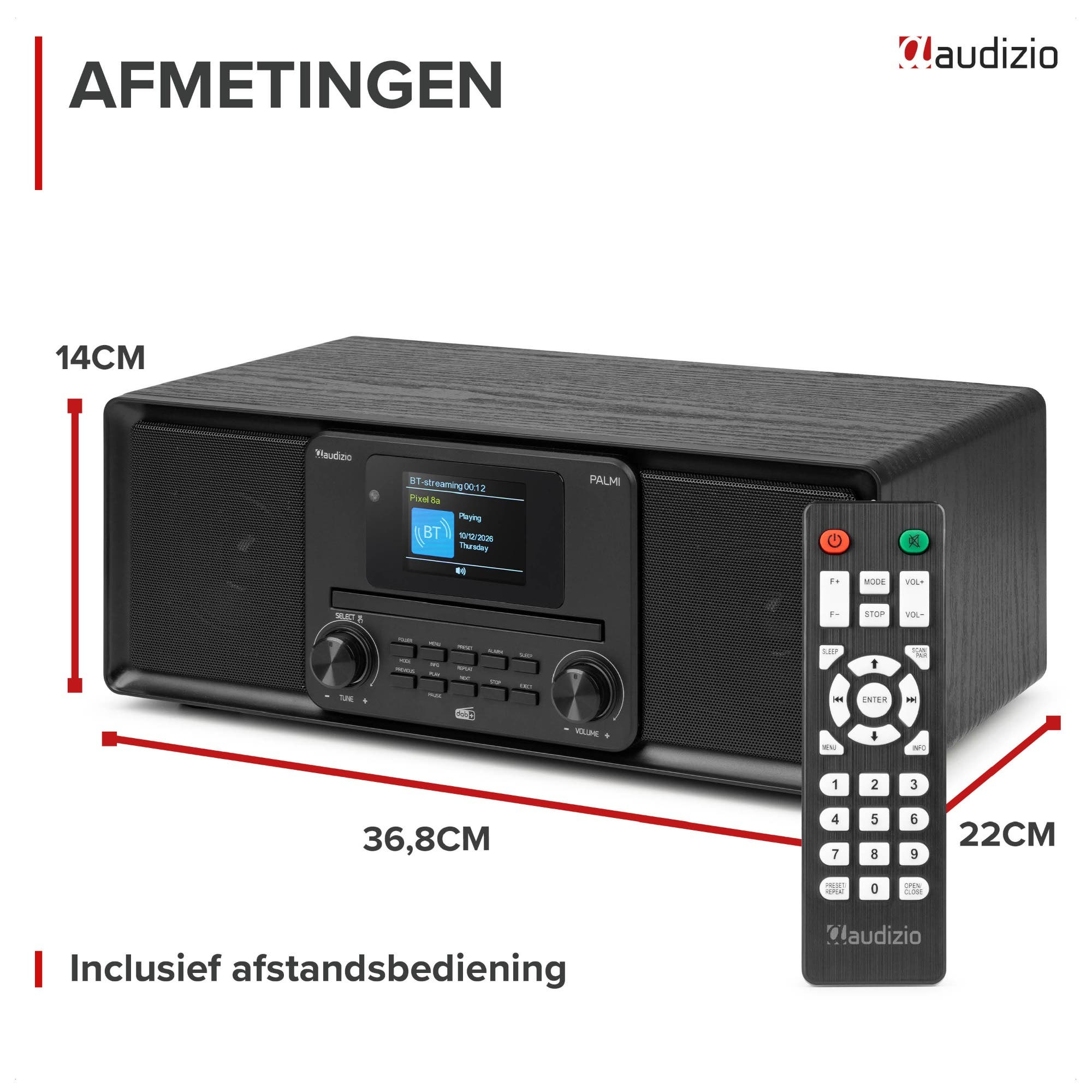 Schwarzes Audizio Palmi Radio mit CD-Player, Display und Fernbedienung, Maße 36,8x22x14 cm.