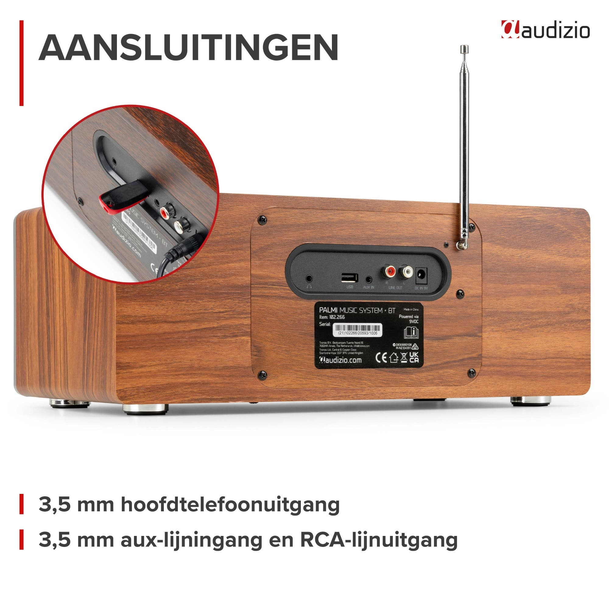 Die Rückseite eines hölzernen Audizio-Radios zeigt Anschlüsse und eine Antenne, ein Detailbild zeigt eingesteckte Kabel.
