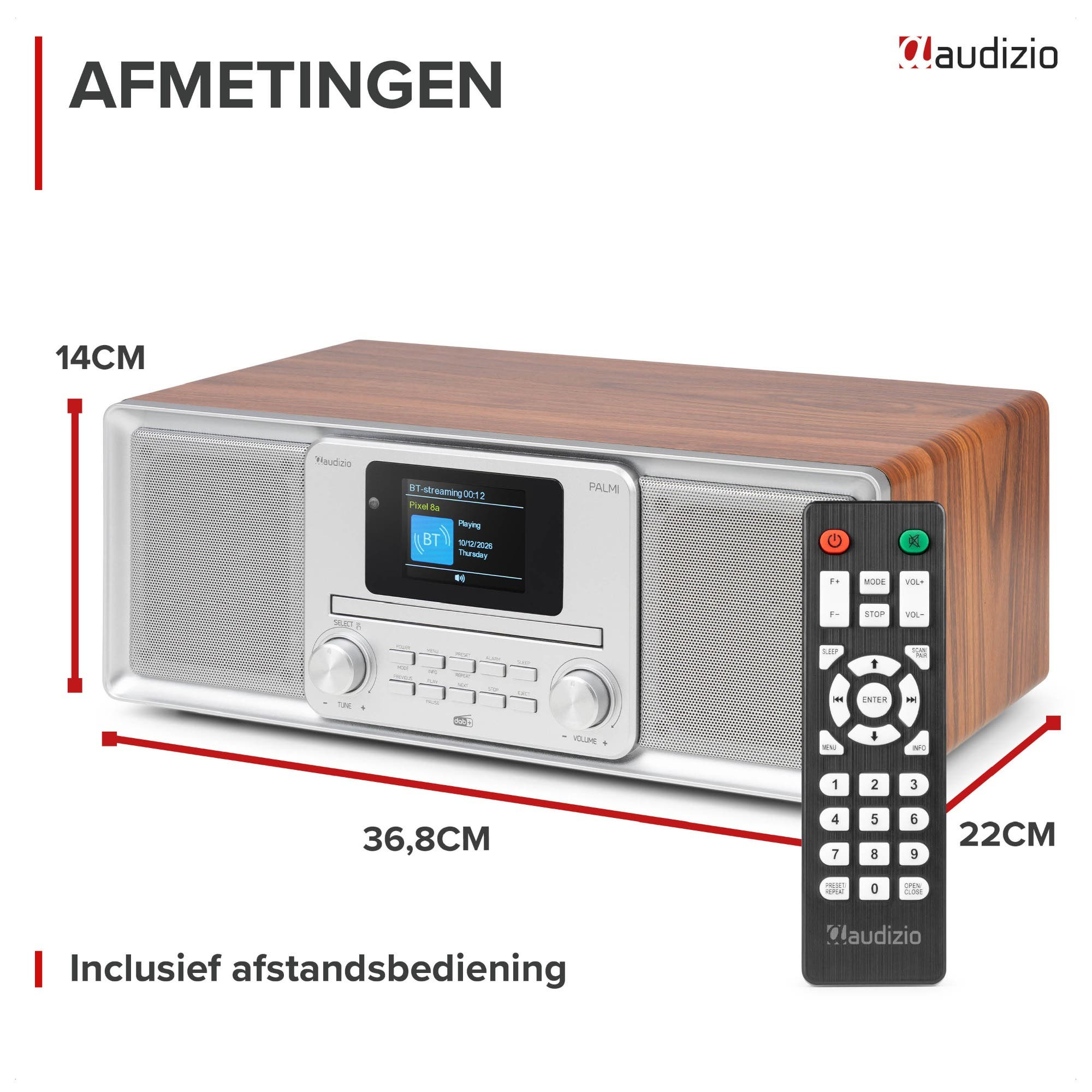 Holzfarbenes Radio mit silberner Front, Display, Tasten und Fernbedienung, mit rot markierten Abmessungen.