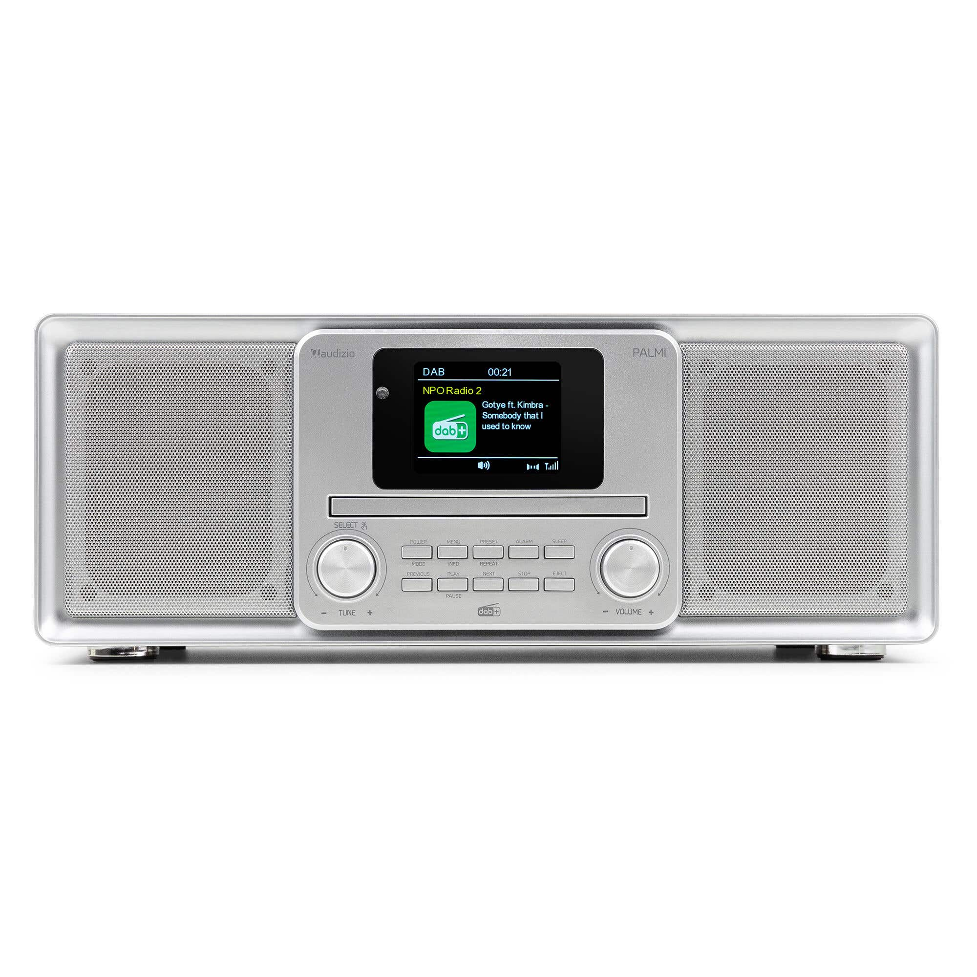 Silbernes Audizio Palmi Radio mit Farbdisplay, Lautsprechern und vielen Tasten auf einer weißen Oberfläche.