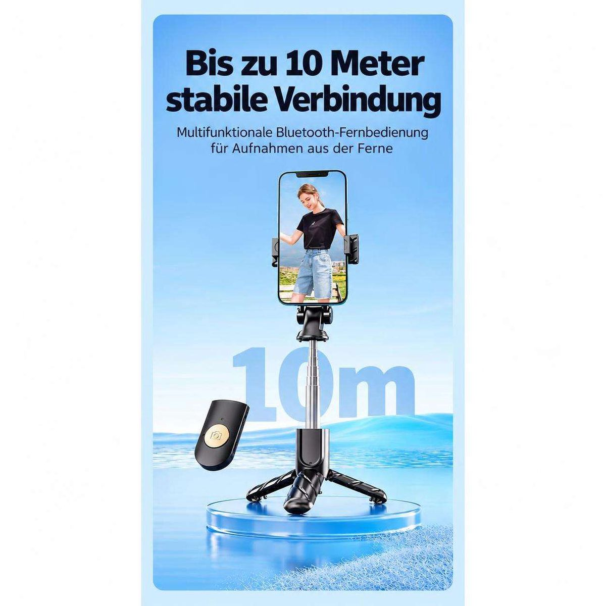 Stativ mit Smartphone und Bluetooth-Fernbedienung auf blauem Hintergrund mit der Aufschrift 10m.