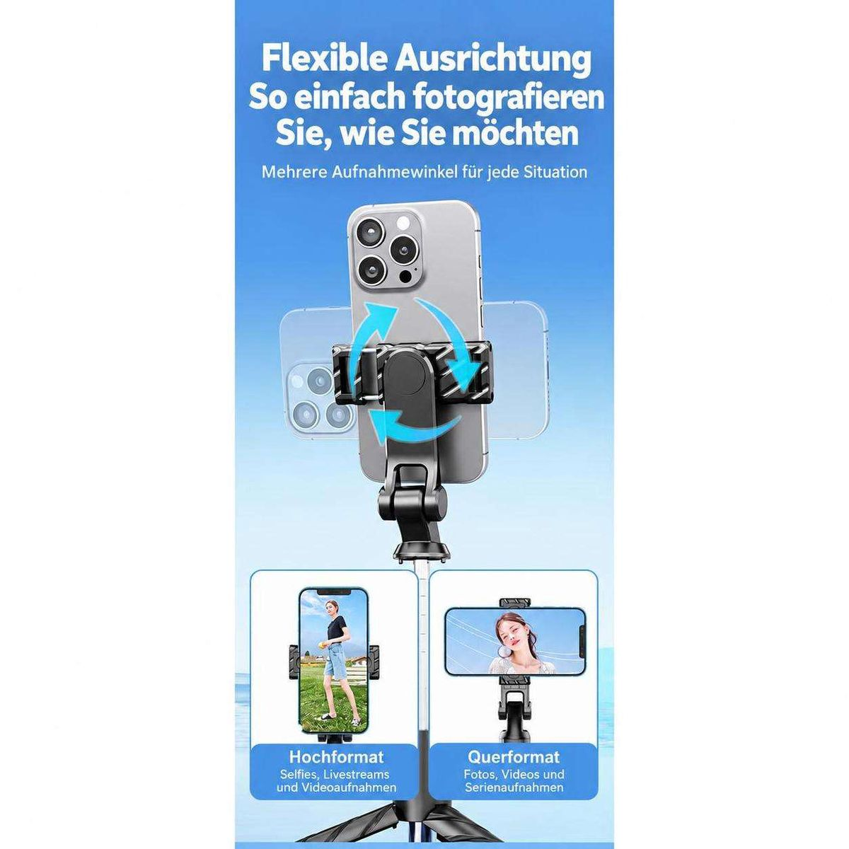 Handyhalterung mit drehbarer Klammer für Hoch- und Querformatfotos auf blauem Hintergrund.