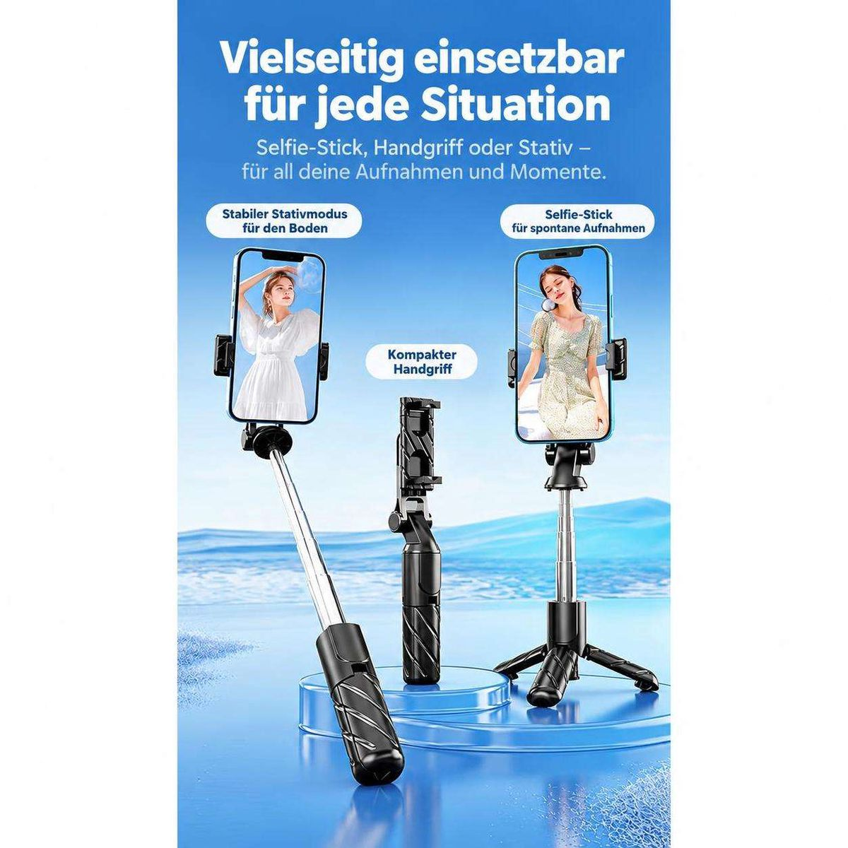 Werbebild für einen Selfie-Stick, der auch als Stativ und Handgriff nutzbar ist, vor blauem Hintergrund.