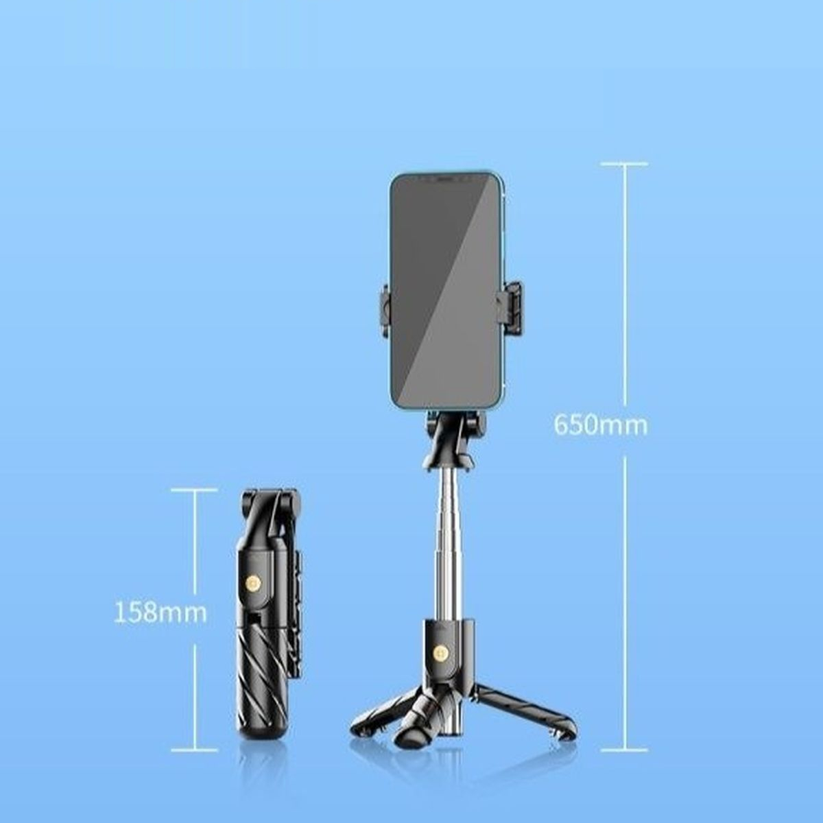 Ein schwarzes Smartphone-Stativ, gefaltet 158 mm und ausgezogen 650 mm, vor blauem Hintergrund.