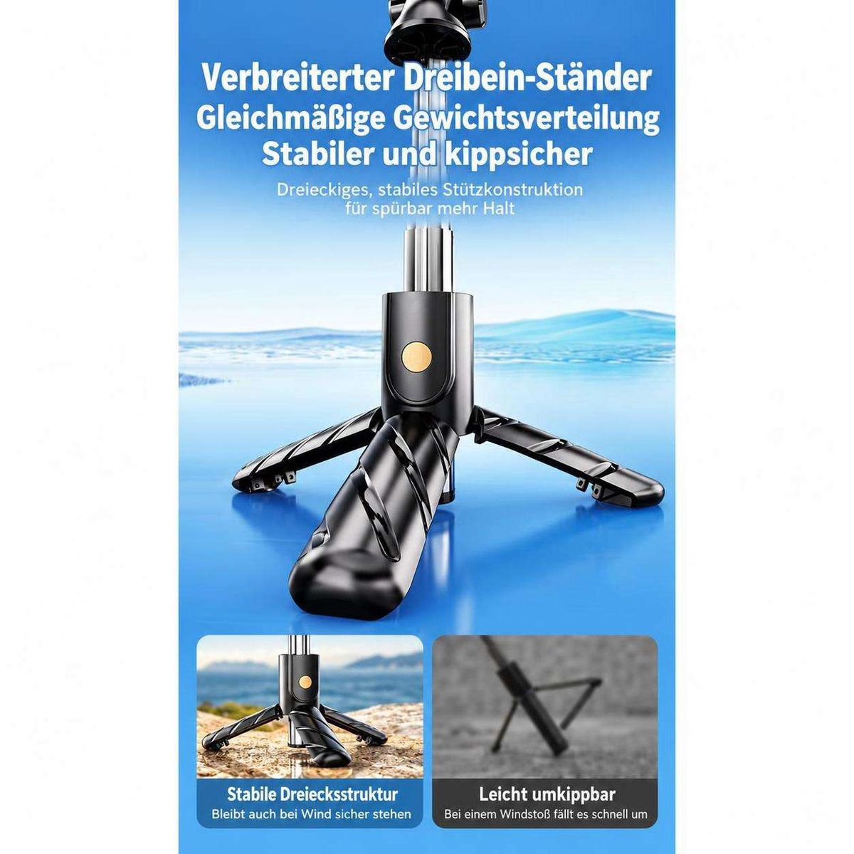 Vergleich eines stabilen Dreibein-Ständers mit dreieckiger Struktur zu einem leicht umkippbaren Modell.