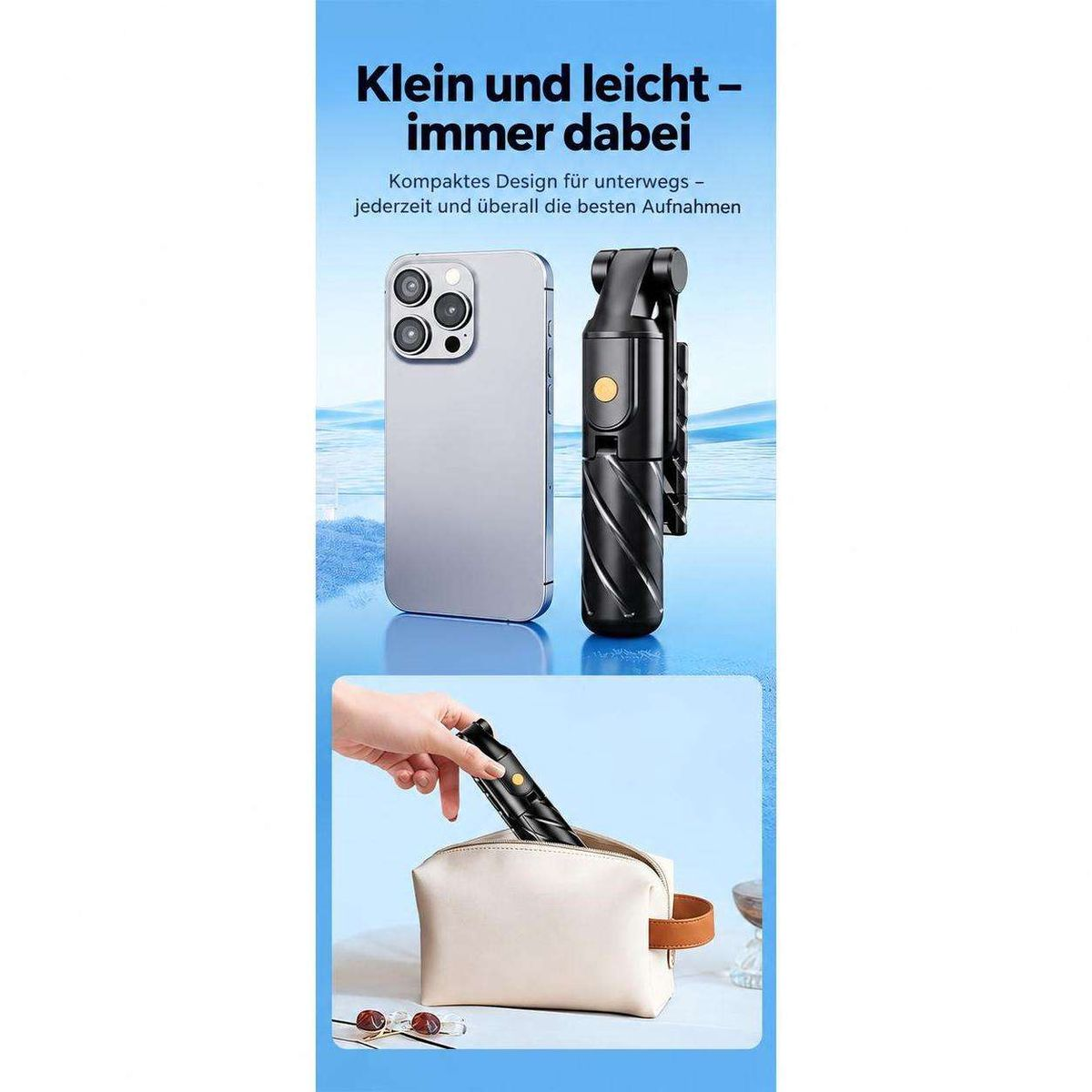Ein Smartphone und ein schwarzer Selfie-Stick werden gezeigt, der Stick wird in eine Tasche gesteckt.