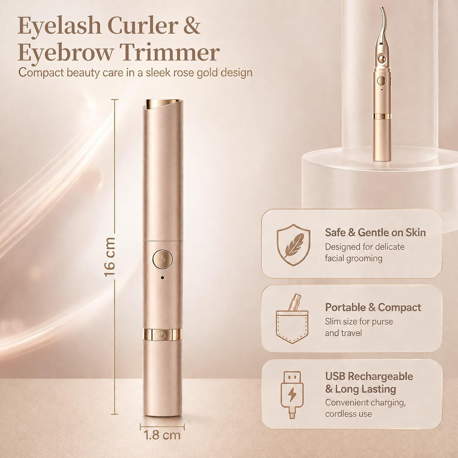 Ein roségoldener Wimpernformer und Augenbrauentrimmer mit Maßangaben und Symbolen auf neutralem Hintergrund.
