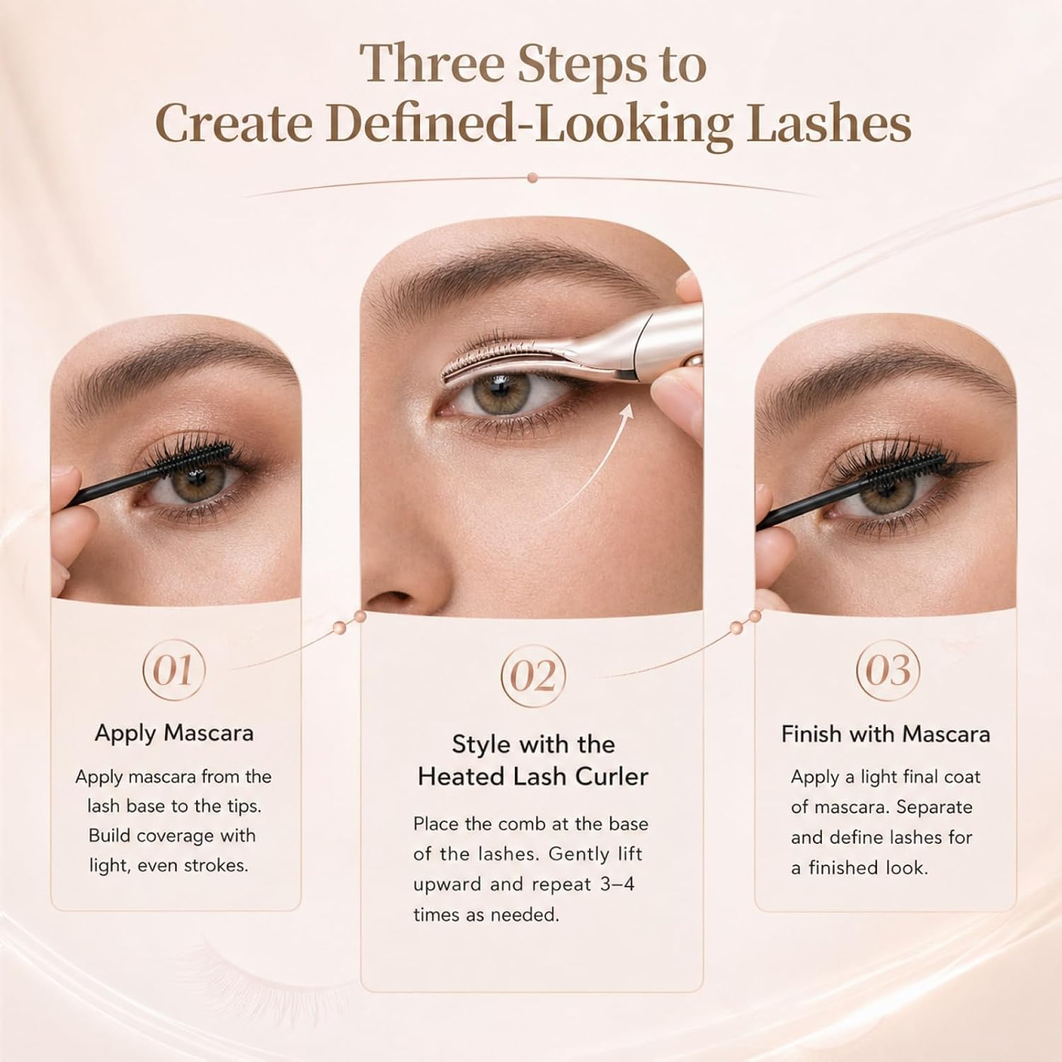 Drei Schritte für definierte Wimpern: Mascara auftragen, mit beheizter Wimpernzange stylen und Mascara nachziehen.