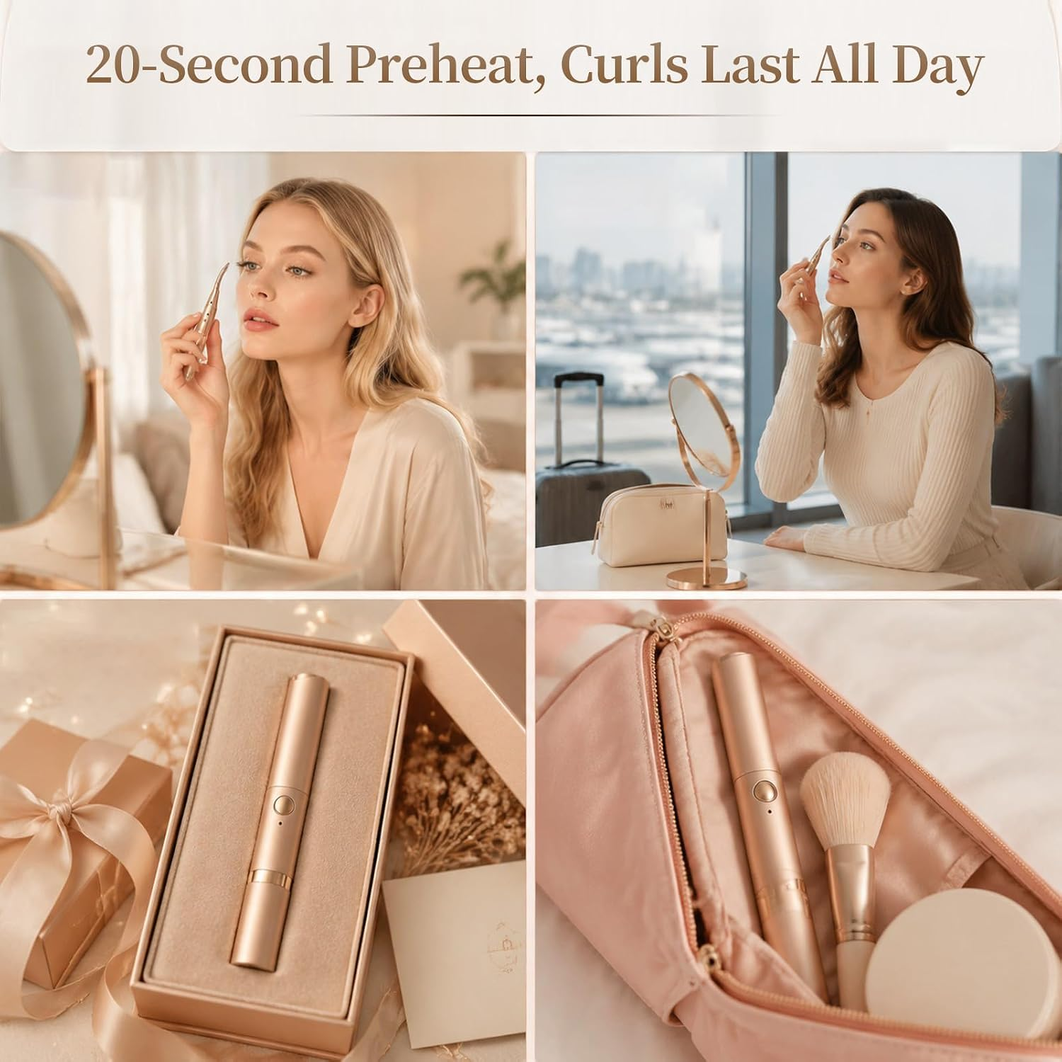 Vier Bilder zeigen eine Frau beim Schminken, eine verpackte goldene Wimpernzange und eine Kosmetiktasche.