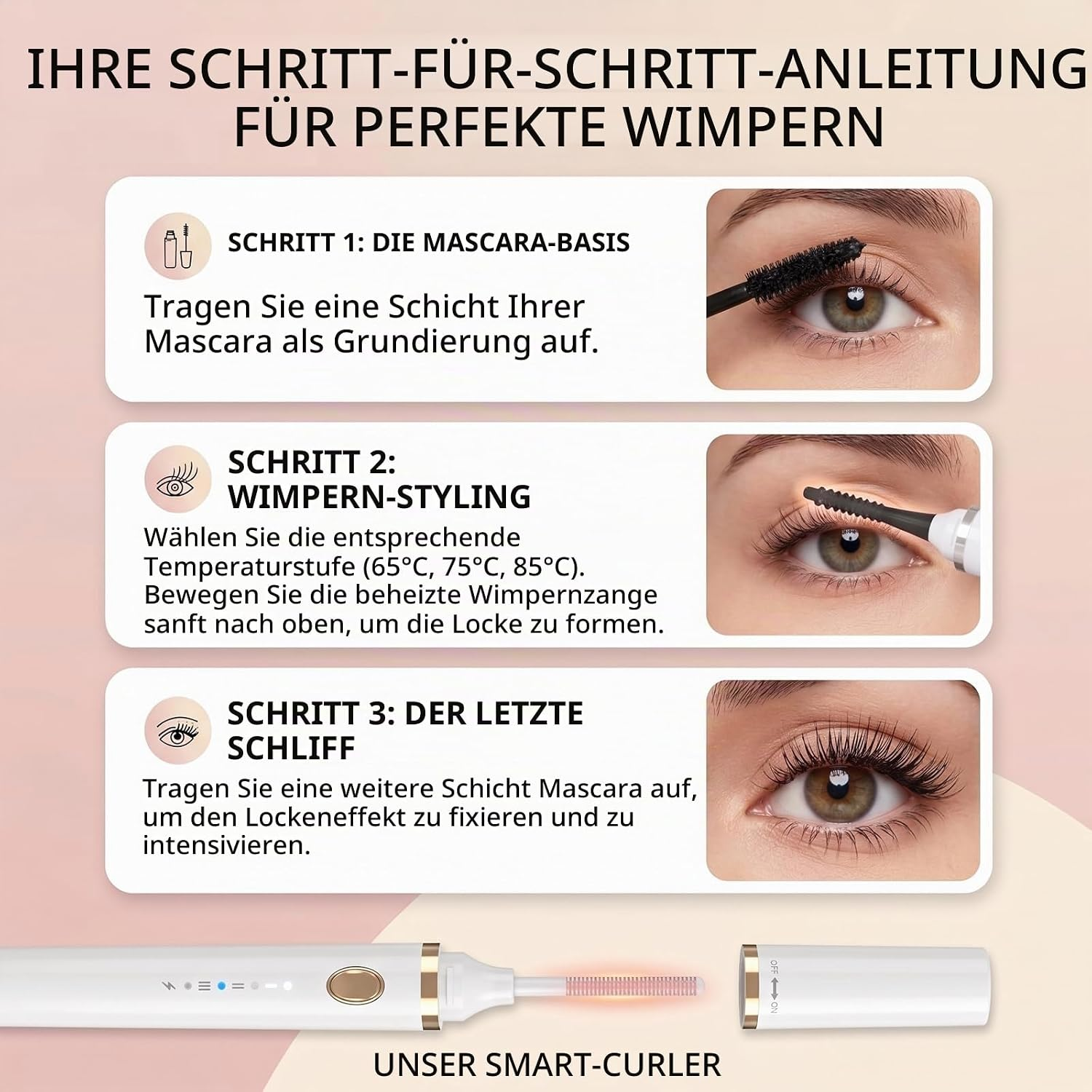 Schritt-für-Schritt-Anleitung zur Verwendung eines beheizten Wimperncurlers für perfekte Wimpern.