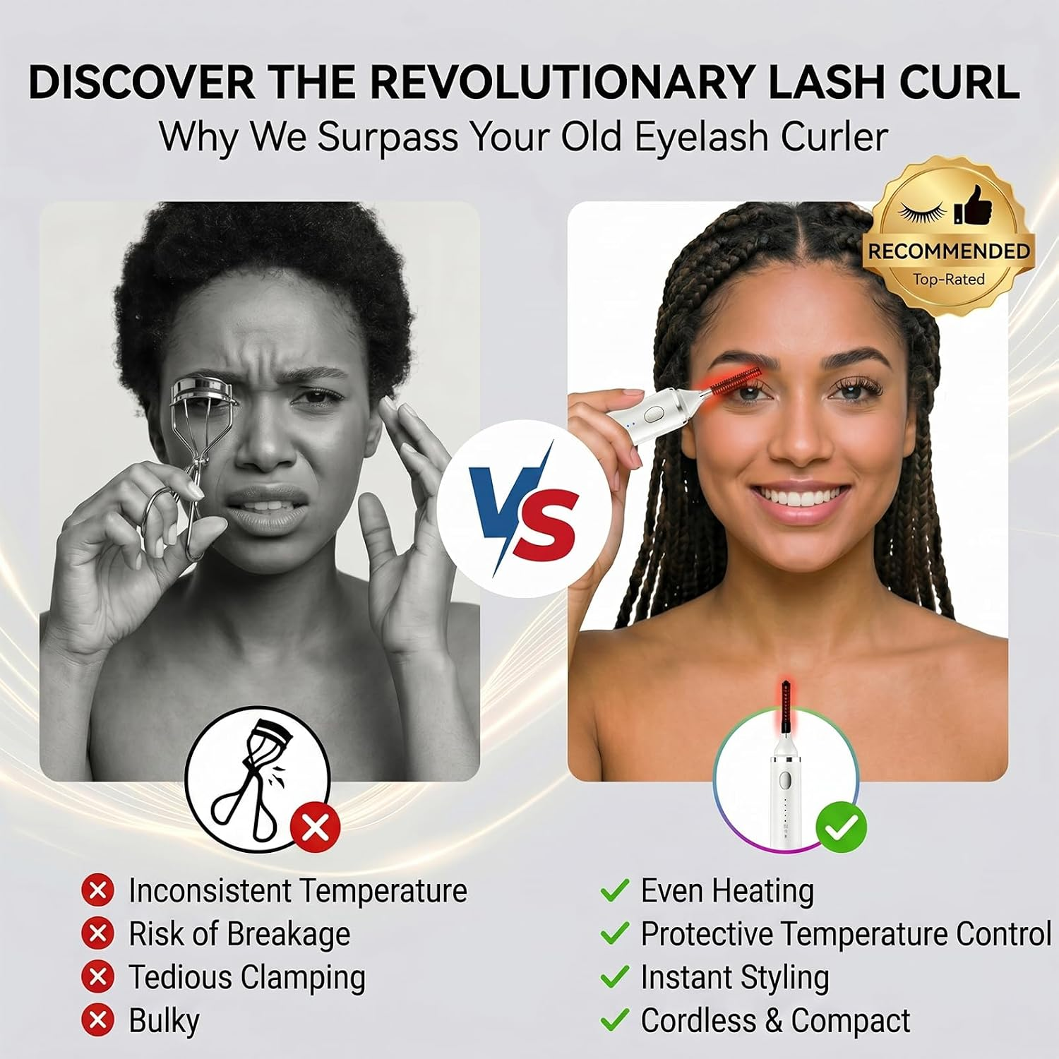 Ein Werbebild vergleicht eine traditionelle Wimpernzange mit einem modernen beheizten Wimpernformer.