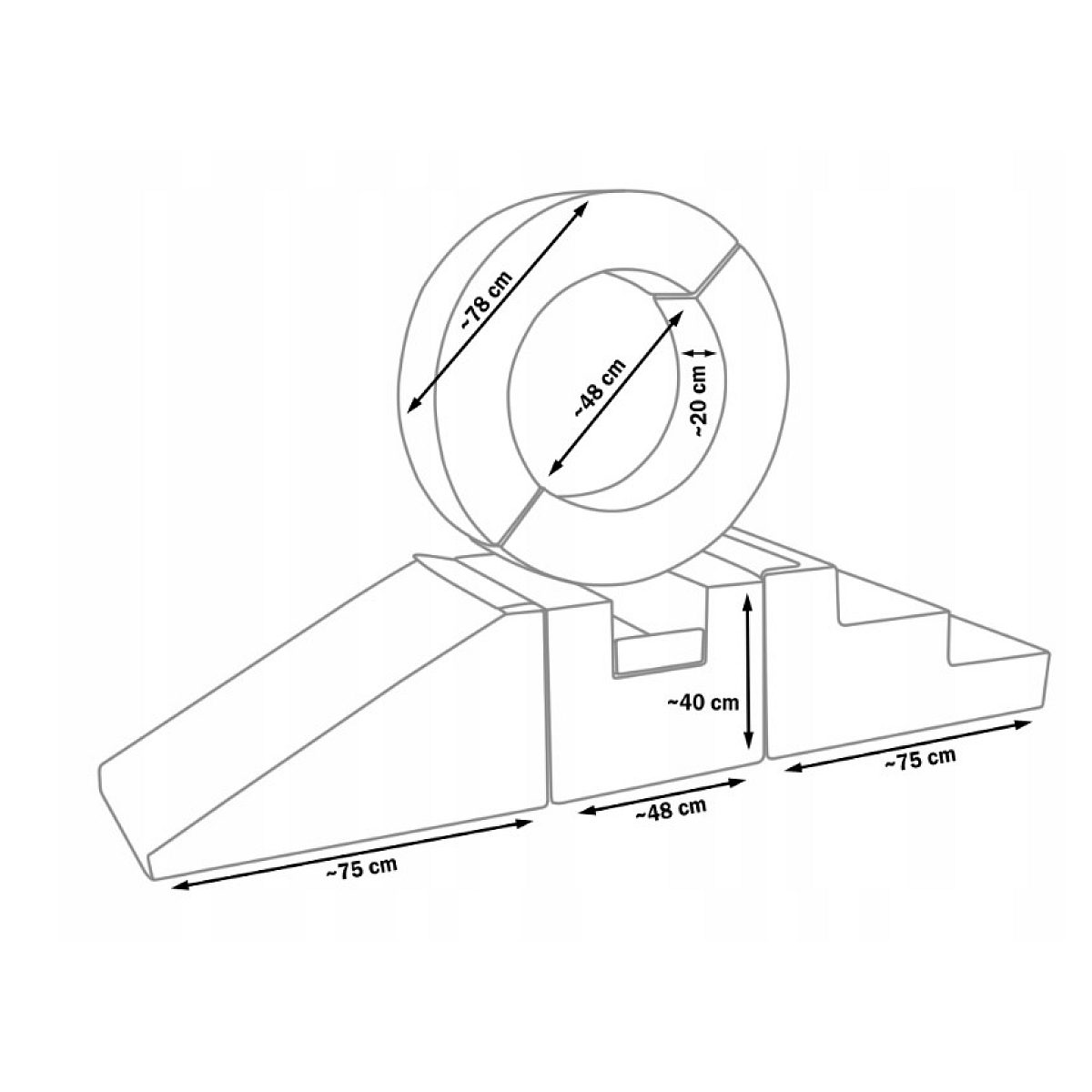 Technische Skizze von Schaumstoff-Spielmodulen mit Maßangaben in Zentimetern auf weißem Hintergrund.