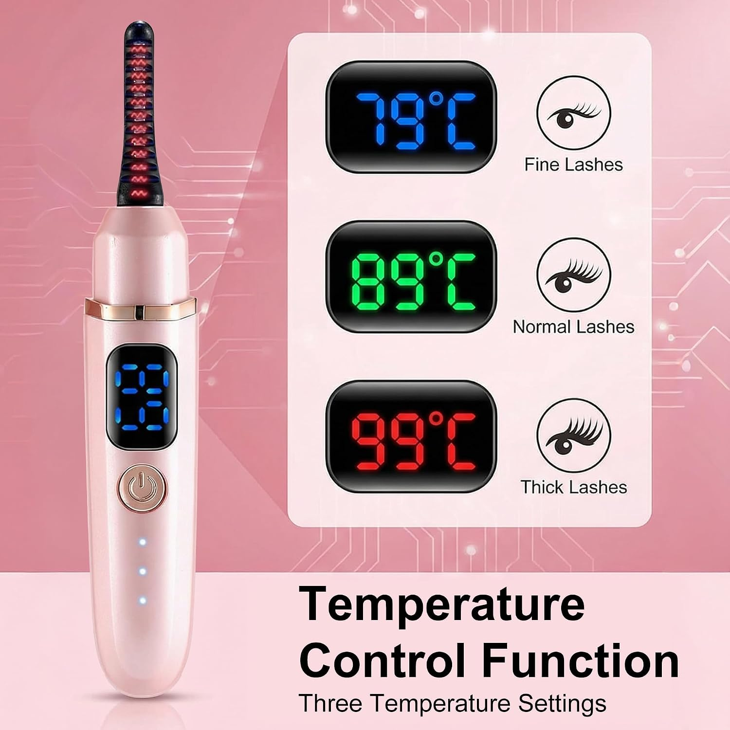 Rosa beheizte Wimpernzange mit Digitalanzeige und drei Temperatureinstellungen für verschiedene Wimperntypen.