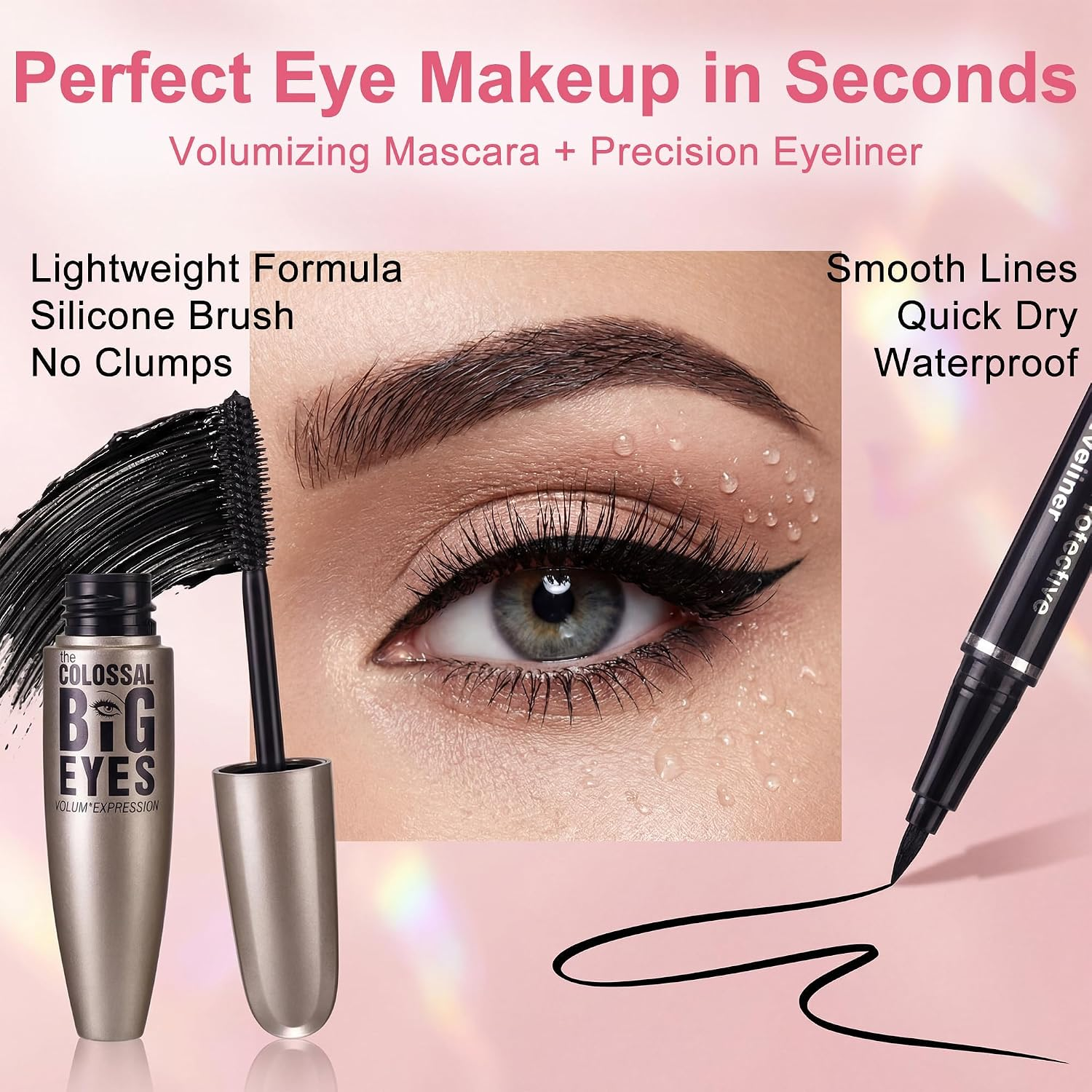 Werbung für Augen-Make-up mit Mascara und Eyeliner, die eine Person mit perfekt geschminkten Augen zeigen.