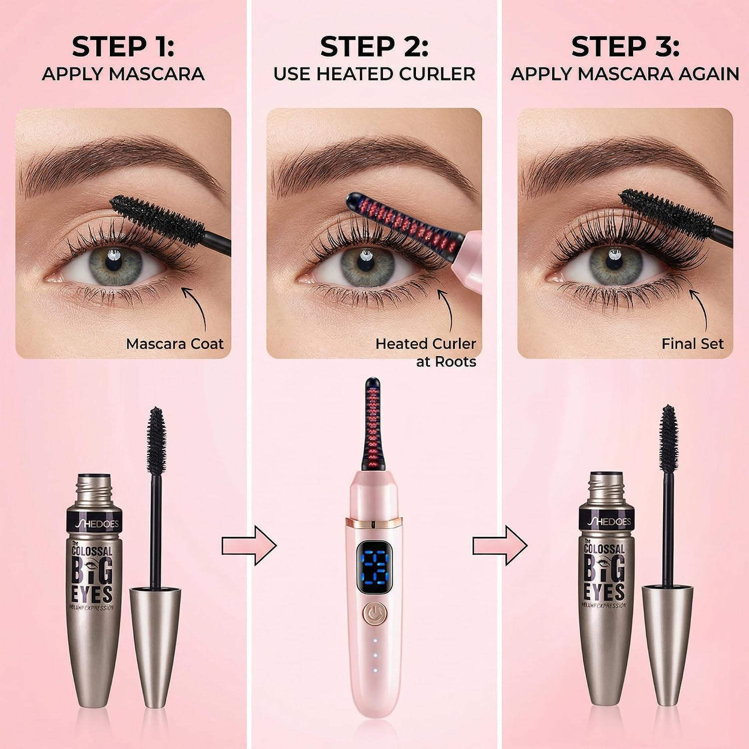 Drei Schritte zur Wimpernpflege: Mascara auftragen, beheizte Wimpernzange nutzen, erneut Mascara auftragen.